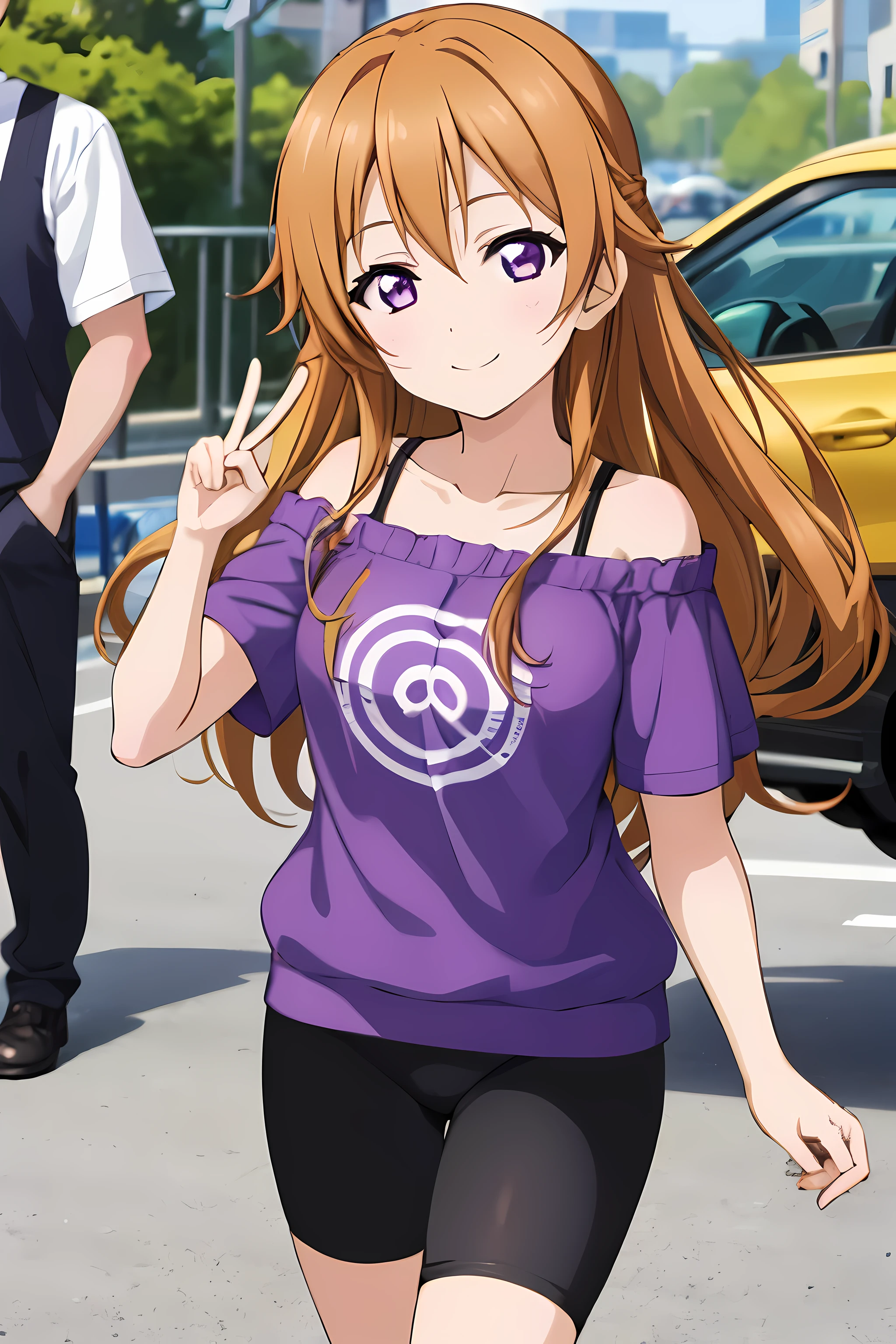 (best quality, masterpiece:1.2), (1girl, solo:1.2), cute, smile,  detailed background, (looking at viewer, solo focus:1.2), 
Kanata konoe, long hair, straight hair, purple eyes, blonde hair, off shoulder, purple shirt, short sleeves, bike shorts, standing, two peace sign, solo focus, 