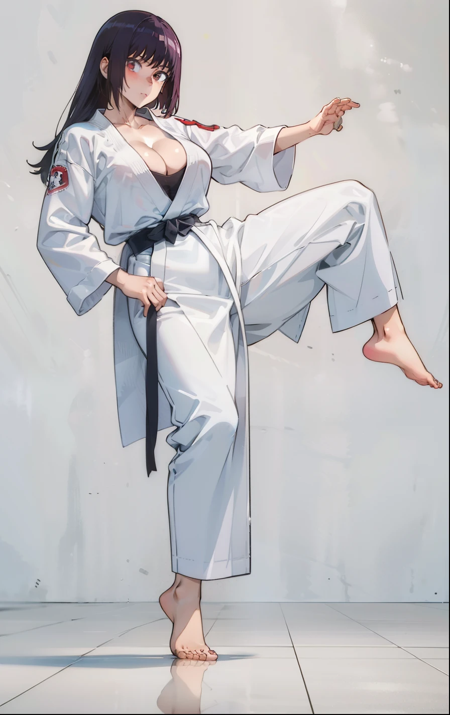 1girl, a pretty girl in a karate practice room, with a karate uniform, judo, sana sunomiya, long hair, masterpiece, big tits, cleavage, full body, barefoot, Long hair, red eyes, Combat Pose, from Above, martial art, stunning body 