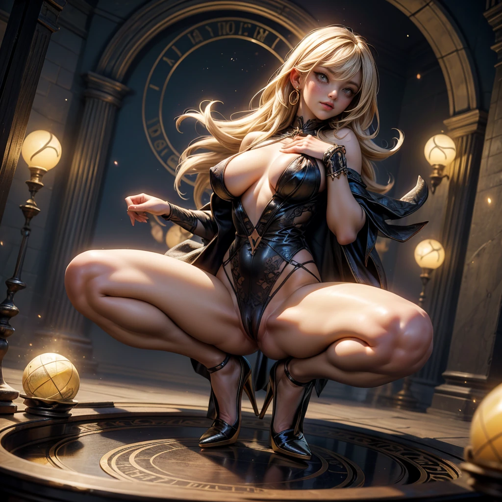 (Obra maestra:1.2), (La mejor calidad:1.2), Perfect lighting, Chica Maga Oscura lanzando un hechizo, flotando en el aire, Levitating over a magic circle , Portal de Circle, tetas grandes, escote abierto, fondo de magia. Pose sejustiva y sexy. Fuegos artificiales de fondo. dragon armaguedon, nsfw, subtle nidity, squatting, legs open wide, exposed pussy; (high heels:1.3)