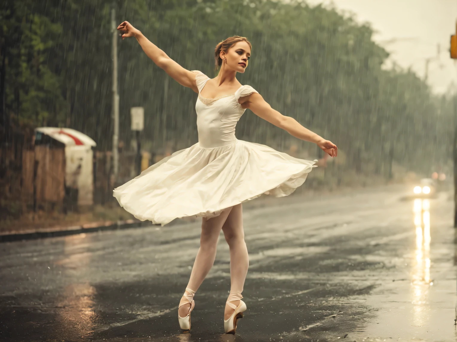 still from the film, a ballerina in a white satin dress dances in the rain on an asphalt road near a lamppost, genre - drama, weather - rain, day, faded colors of a rainy day, wet, cinematic treatment, A high resolution, focus on the ballerina, granularity