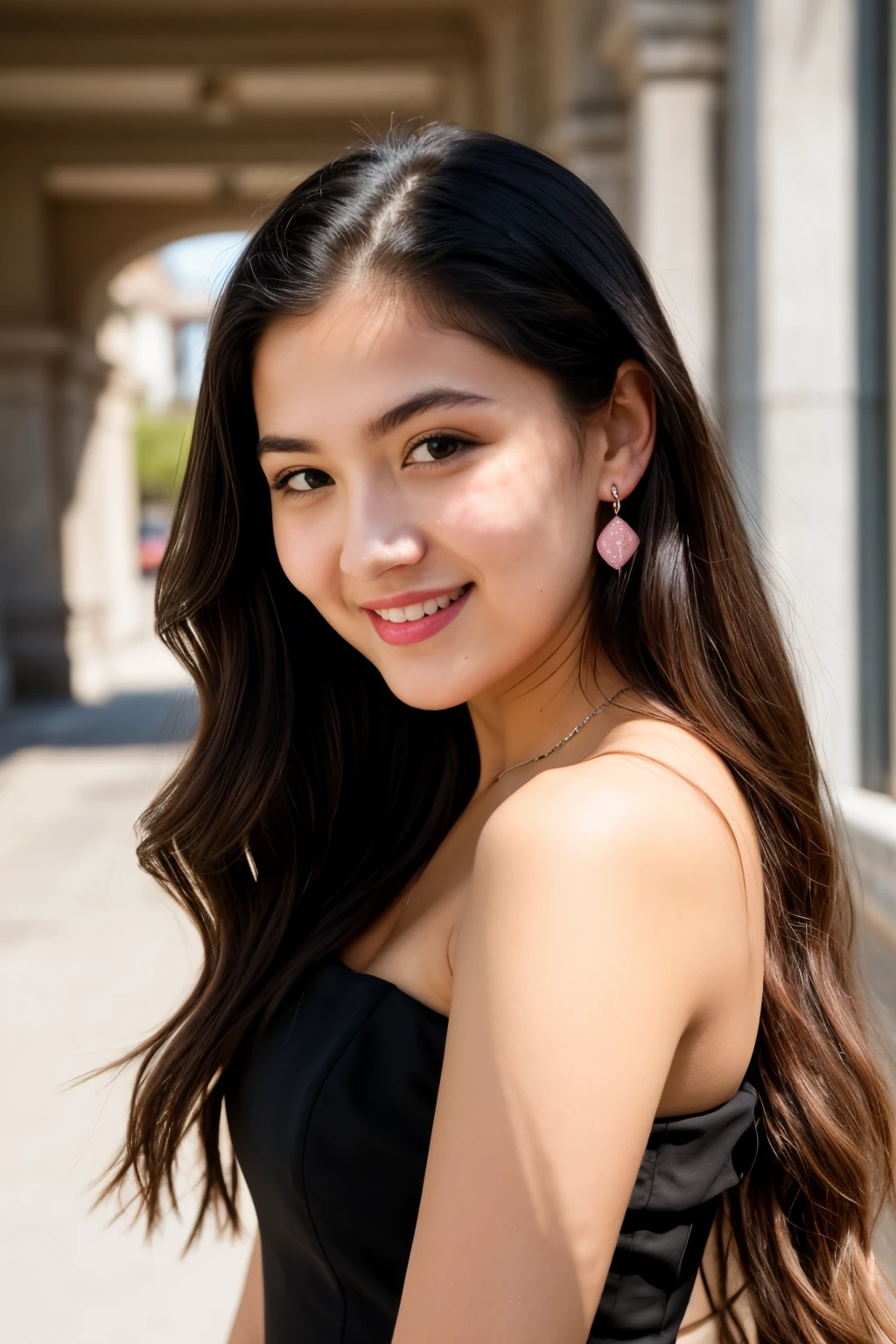 RAW photo, face portrait photo of beautiful 22 y.o woman, cute face, wearing black dress, happy face, hard shadows, cinematic shot, dramatic lighting, pink juicy lips
