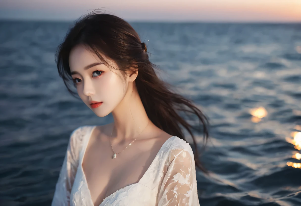night at sea，Boat，sea breeze，情侣拥抱在Boat头的甲板上，sea breeze吹拂着他们的头发和衣角。男子身穿一件普通的Boat员，But the gleam in his eye and confident demeanor set him apart。woman wearing white evening dress，Like a goddess under the moonlight，Elegant and noble。Boat头的边缘，Looking at the vast sea ahead。The sea is sparkling，It seems like there are countless stars twinkling。Their eyes met，Full of deep love and longing for the future。At this point，It was as if the whole world had stood still，Only the two of them and the boundless ocean are left。Montage Photography Technique,movie lighting, motion blur, spark, Ray tracing, reflected light, backlight, film grain, Vignetting