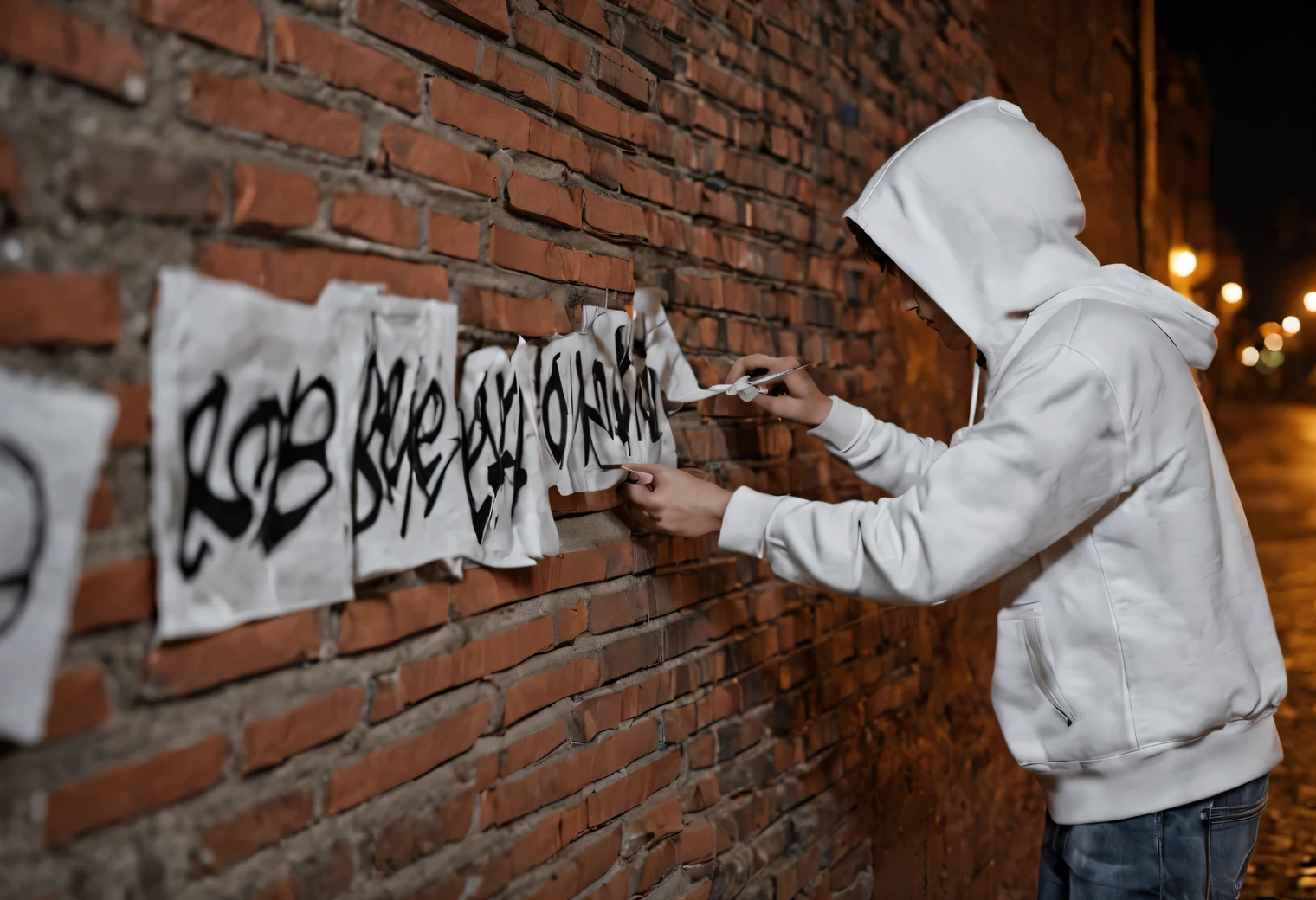 Пленочная съемка Sony PXW-Z190, a teenager dressed in wide jeans and a white hoodie draws graffiti on a brick wall on a night city street, hood, night, Lantern lighting, garbage and newspapers on the street, cinematic treatment, High resolution 32K, granularity