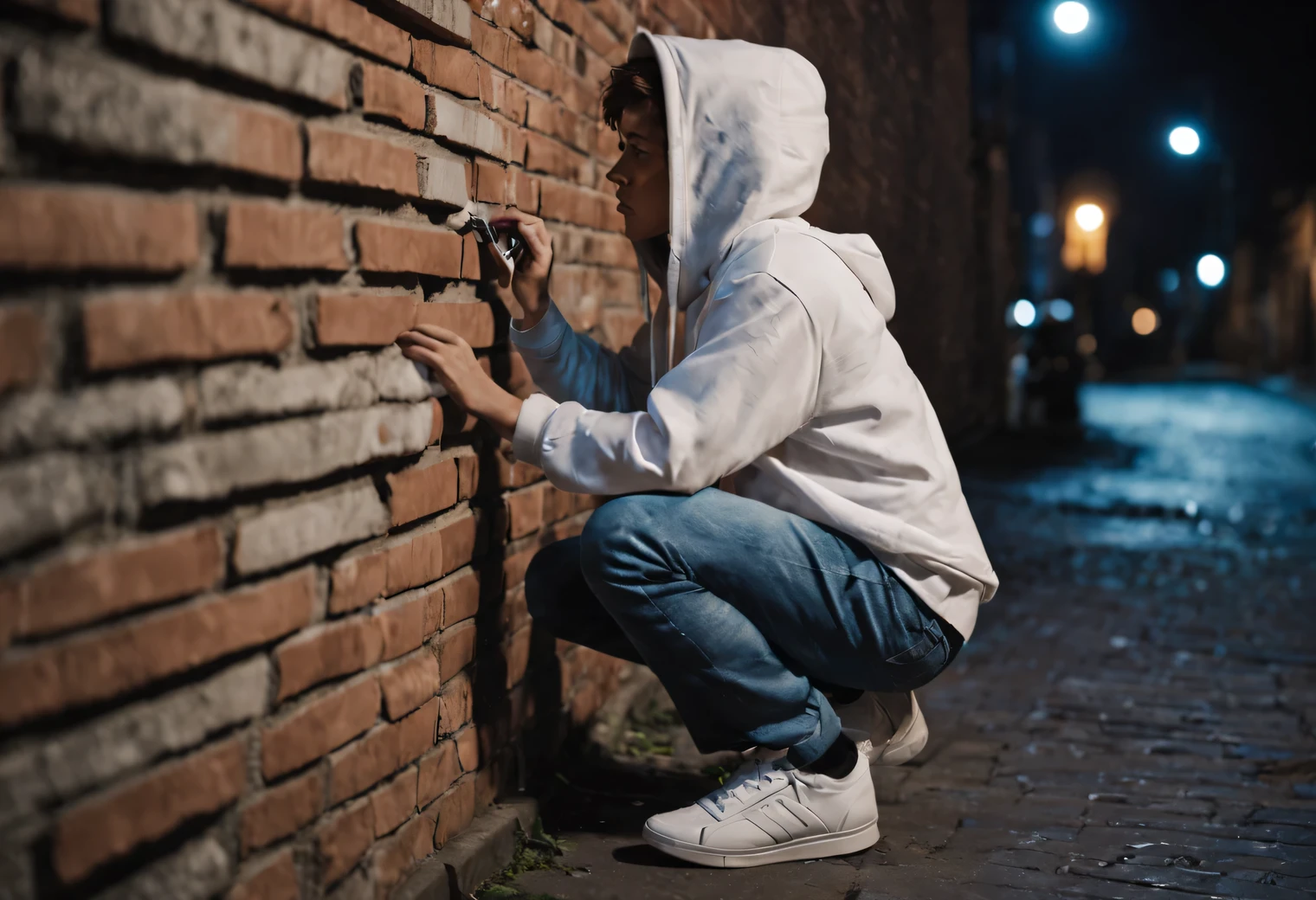 Пленочная съемка Sony PXW-Z190, a teenager dressed in wide jeans and a white hoodie draws graffiti on a brick wall on a night city street, hood, night, Lantern lighting, garbage and newspapers on the street, cinematic treatment, High resolution 32K, granularity