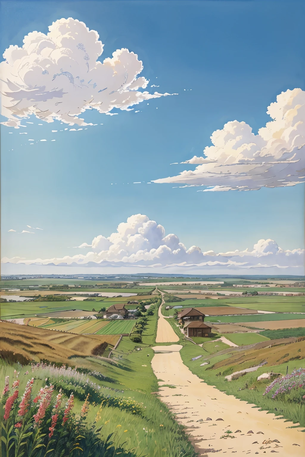 Realistic, real, beautiful and stunning landscape oil painting Studio Ghibli Hayao Miyazaki Petals Grassland Blue Sky Grassland Country Road,building, 