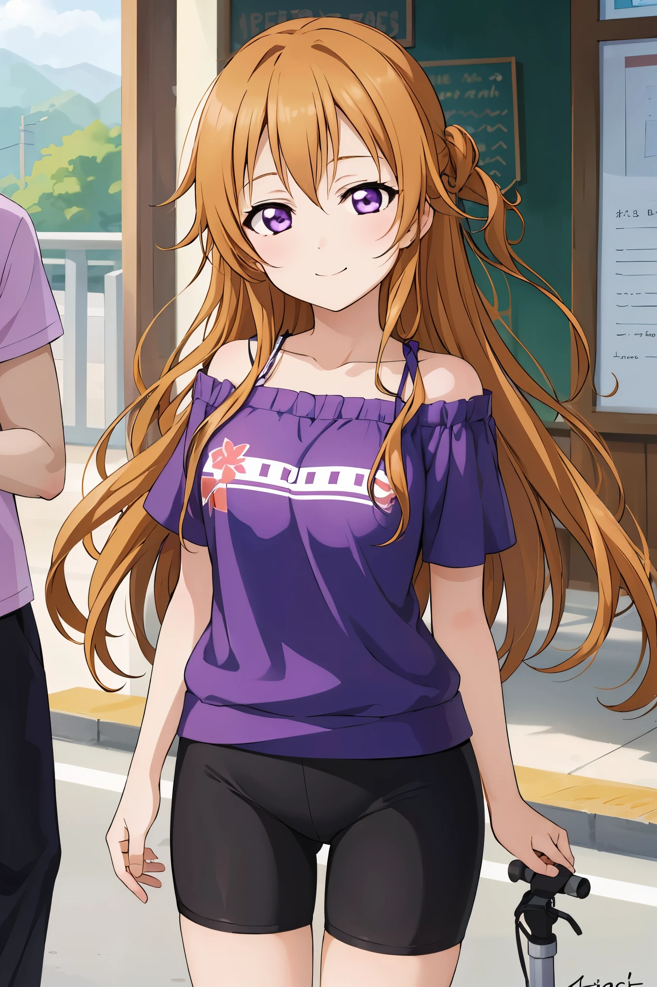 (best quality, masterpiece:1.2), (1girl, solo:1.2), cute, smile,  detailed background, (looking at viewer, solo focus:1.2), 
Kanata konoe, long hair, straight hair, purple eyes, blonde hair, off shoulder, purple shirt, short sleeves, bike shorts, standing, two peace sign, solo focus, 