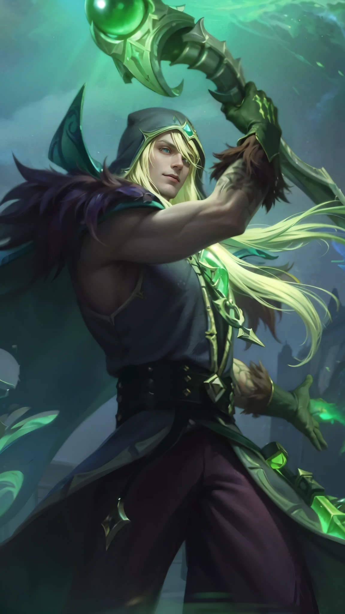 Best quality, masterpiece, detailed skin texture, detailed clothes texture, detailed face, super detail, 8k, intricate detail, 1 boy, The color doesn't change, Muscle guy, 1 guy, smile, green eyes, league of legends character, karthus from league of legends, extremely detailed artgerm, league of legends character art, splash art, male blonde elf ranger, arthas menethil, artgerm detailed, arthas, league of legends champion, style of kieran yanner.