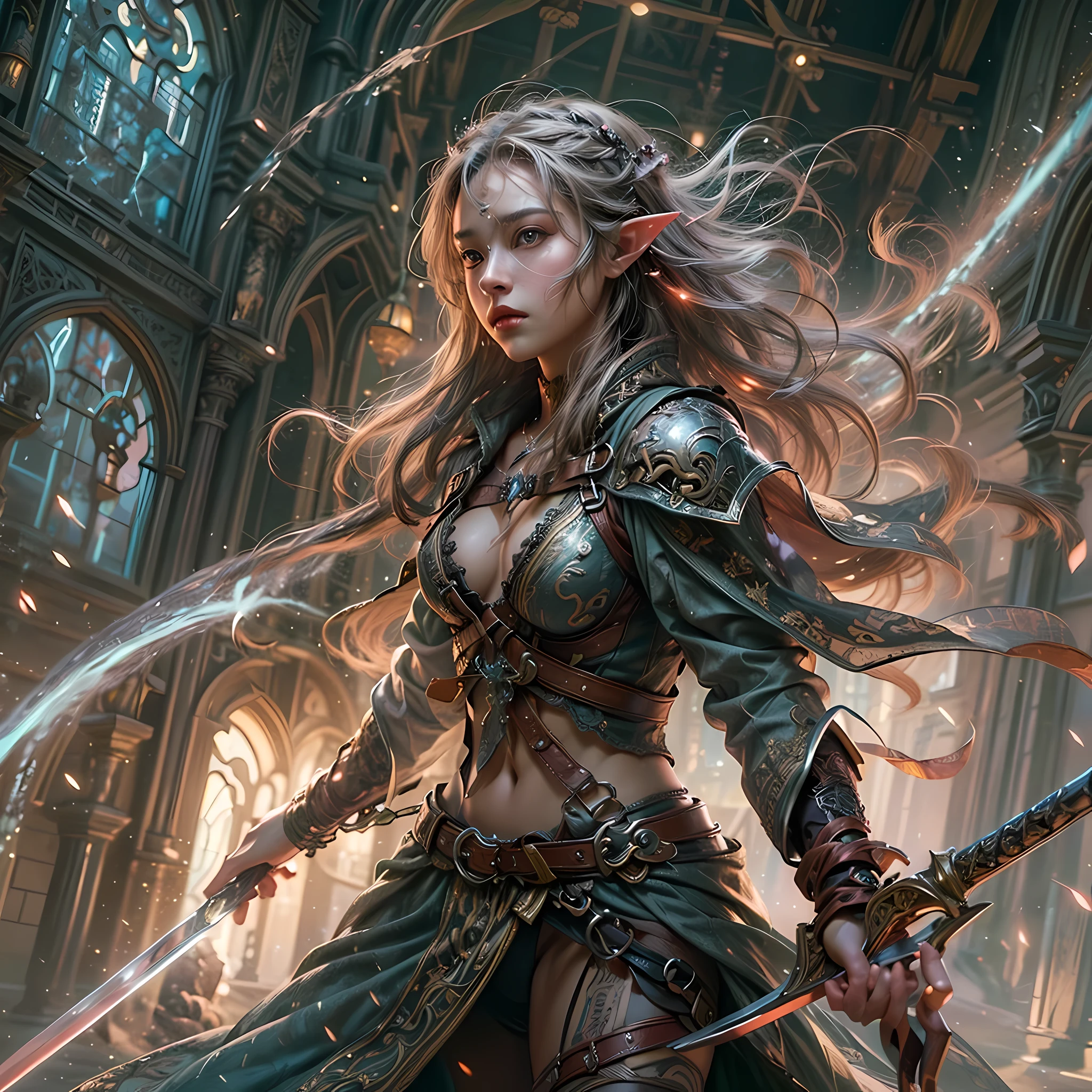 a picture of a female elf (intense details, Masterpiece, best quality: 1.5) fantasy swashbuckler, fantasy fencer, armed with a slim sword, shinning sword, metallic shine, colorful clothes, dynamic clothing, an ultra wide shot, full body (intense details, Masterpiece, best quality: 1.5)epic beautiful female elf (intense details, Masterpiece, best quality: 1.5), rich hair, braided hair, small pointed ears, GlowingRunes_pink [colorful magical sigils in the air],[ colorful arcane markings floating] (intricate details, Masterpiece, best quality: 1.6), holding a [sword] (intricate details, Masterpiece, best quality: 1.6) holding a [sword glowing in red light]fantasy urban street (intense details, Masterpiece, best quality: 1.5),  purple cloak, long cloak (intense details, Masterpiece, best quality: 1.5), sense of daring, sense of adventure,  high details, best quality, 8k, [ultra detailed], masterpiece, best quality, (extremely detailed), dynamic angle, ultra wide shot, photorealistic, RAW, fantasy art, dnd art,fantasy art, realistic art,