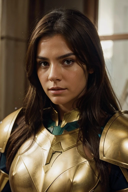 The image features a woman with light brown hair and a green top adorned with golden armor on her shoulders, symbolizing strength and resilience. Her serious expression and focused gaze, coupled with the armor, suggest a person of determination, possibly a warrior or a formidable character. There are hints of a window on the left side, contributing to the lighting that highlights her features. No text is present in the image.