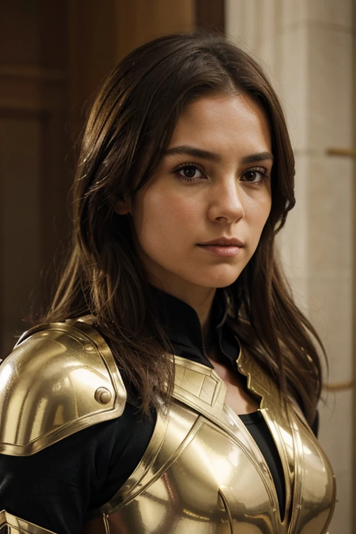 The image features a woman with light brown hair and a green top adorned with golden armor on her shoulders, symbolizing strength and resilience. Her serious expression and focused gaze, coupled with the armor, suggest a person of determination, possibly a warrior or a formidable character. There are hints of a window on the left side, contributing to the lighting that highlights her features. No text is present in the image.