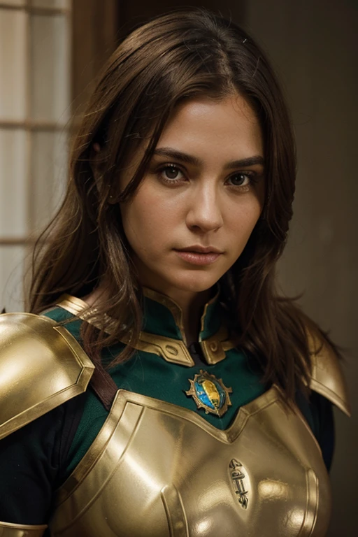 The image features a woman with light brown hair and a green top adorned with golden armor on her shoulders, symbolizing strength and resilience. Her serious expression and focused gaze, coupled with the armor, suggest a person of determination, possibly a warrior or a formidable character. There are hints of a window on the left side, contributing to the lighting that highlights her features. No text is present in the image.