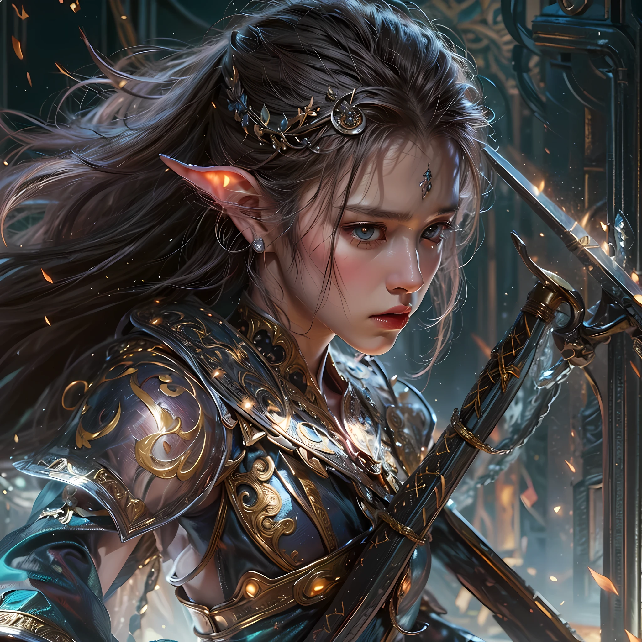 a picture of a female elf (intense details, Masterpiece, best quality: 1.5) fantasy swashbuckler, fantasy fencer, armed with a slim sword, shinning sword, metallic shine, colorful clothes, dynamic clothing, an ultra wide shot, full body (intense details, Masterpiece, best quality: 1.5)epic beautiful female elf (intense details, Masterpiece, best quality: 1.5), rich hair, braided hair, small pointed ears, GlowingRunes_pink [colorful magical sigils in the air],[ colorful arcane markings floating] (intricate details, Masterpiece, best quality: 1.6), holding a [sword] (intricate details, Masterpiece, best quality: 1.6) holding a [sword glowing in red light]fantasy urban street (intense details, Masterpiece, best quality: 1.5),  purple cloak, long cloak (intense details, Masterpiece, best quality: 1.5), sense of daring, sense of adventure,  high details, best quality, 8k, [ultra detailed], masterpiece, best quality, (extremely detailed), dynamic angle, ultra wide shot, photorealistic, RAW, fantasy art, dnd art,fantasy art, realistic art,