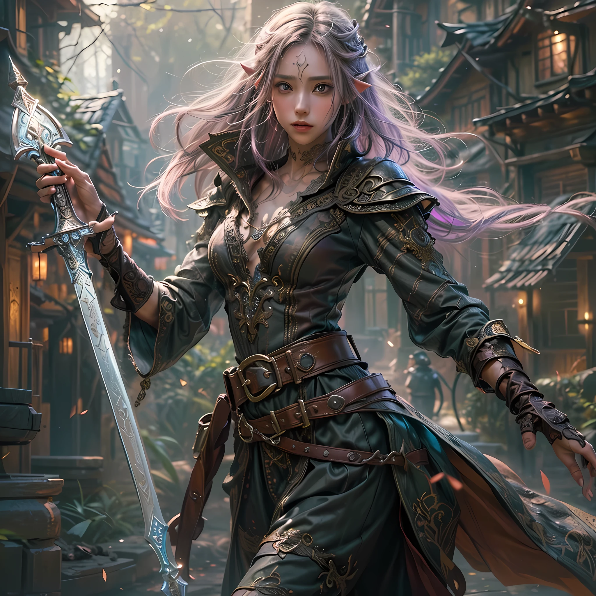 a picture of a female elf (intense details, Masterpiece, best quality: 1.5) fantasy swashbuckler, fantasy fencer, armed with a slim sword, shinning sword, metallic shine, colorful clothes, dynamic clothing, an ultra wide shot, full body (intense details, Masterpiece, best quality: 1.5)epic beautiful female elf (intense details, Masterpiece, best quality: 1.5), rich hair, braided hair, small pointed ears, GlowingRunes_pink [colorful magical sigils in the air],[ colorful arcane markings floating] (intricate details, Masterpiece, best quality: 1.6), holding a [sword] (intricate details, Masterpiece, best quality: 1.6) holding a [sword glowing in red light]fantasy urban street (intense details, Masterpiece, best quality: 1.5),  purple cloak, long cloak (intense details, Masterpiece, best quality: 1.5), sense of daring, sense of adventure,  high details, best quality, 8k, [ultra detailed], masterpiece, best quality, (extremely detailed), dynamic angle, ultra wide shot, photorealistic, RAW, fantasy art, dnd art,fantasy art, realistic art,