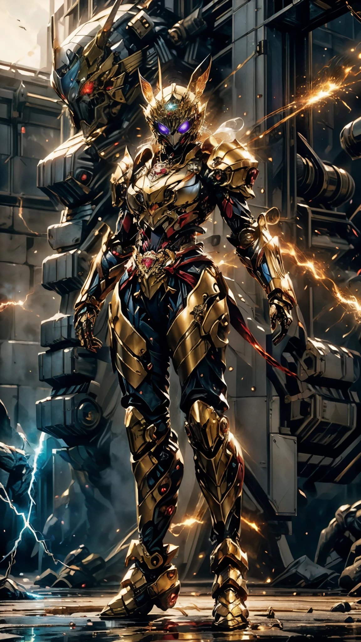 A woman adorned in fantasy-style full-body armor, a crown-concept fully enclosed helmet that unveils only her eyes, a composite layered chest plate, fully encompassing shoulder and hand guards, a lightweight waist armor, form-fitting shin guards, the overall design is heavy-duty yet flexible, ((the armor gleams with a golden glow, complemented by red and blue accents)), exhibiting a noble aura, she floats above a fantasy-surreal high-tech city, this character embodies a finely crafted fantasy-surreal style armored hero in anime style, exquisite and mature manga art style, (Queen bee mixed with Spider concept Armor, plasma, blood), ((Element, energy, elegant, goddess, femminine:1.5)), metallic, high definition, best quality, highres, ultra-detailed, ultra-fine painting, extremely delicate, professional, anatomically correct, symmetrical face, extremely detailed eyes and face, high quality eyes, creativity, RAW photo, UHD, 32k, Natural light, cinematic lighting, masterpiece-anatomy-perfect, masterpiece:1.5