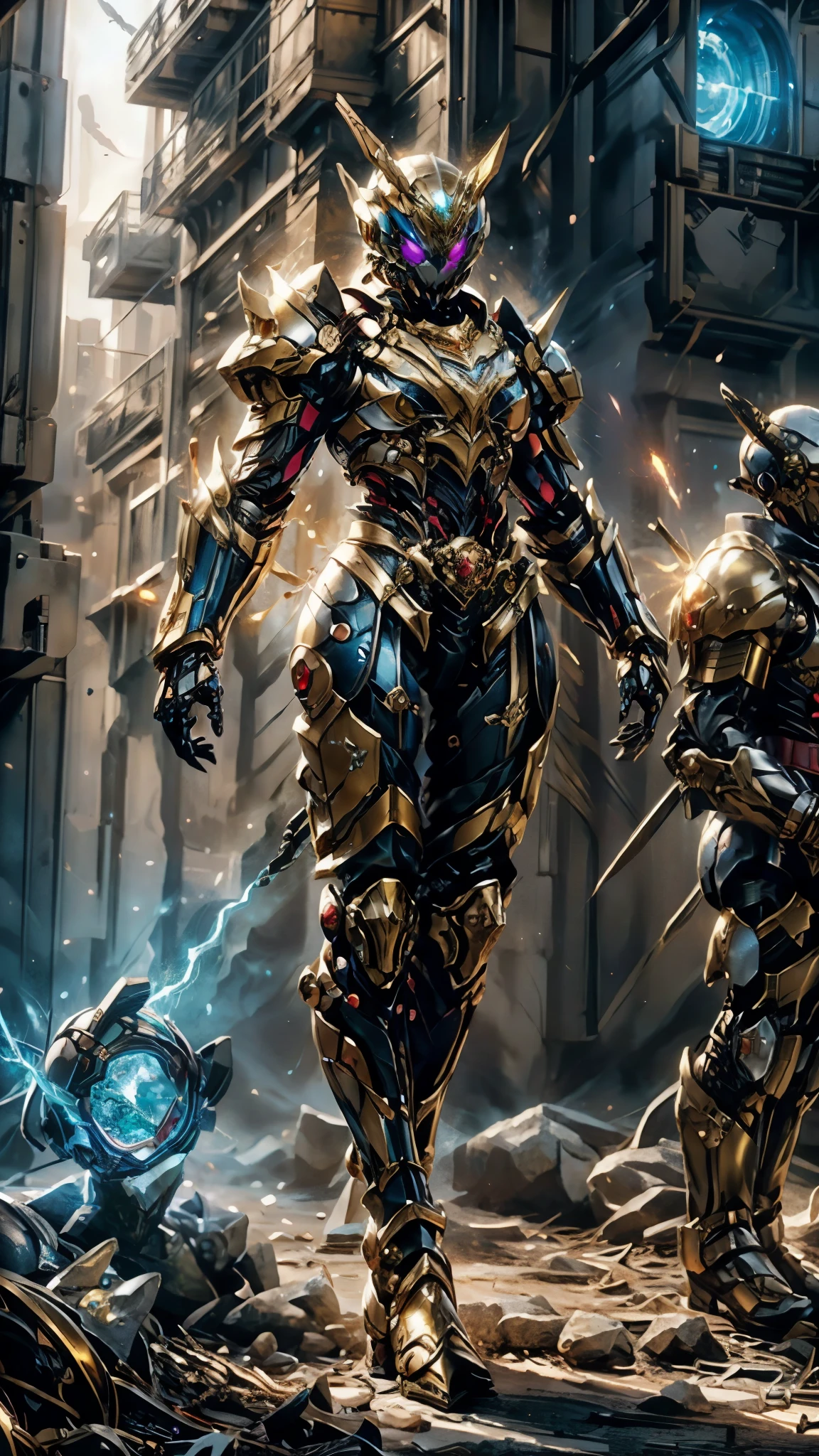 A woman adorned in fantasy-style full-body armor, a crown-concept fully enclosed helmet that unveils only her eyes, a composite layered chest plate, fully encompassing shoulder and hand guards, a lightweight waist armor, form-fitting shin guards, the overall design is heavy-duty yet flexible, ((the armor gleams with a golden glow, complemented by red and blue accents)), exhibiting a noble aura, she floats above a fantasy-surreal high-tech city, this character embodies a finely crafted fantasy-surreal style armored hero in anime style, exquisite and mature manga art style, (Queen bee mixed with Spider concept Armor, plasma, blood), ((Element, energy, elegant, goddess, femminine:1.5)), metallic, high definition, best quality, highres, ultra-detailed, ultra-fine painting, extremely delicate, professional, anatomically correct, symmetrical face, extremely detailed eyes and face, high quality eyes, creativity, RAW photo, UHD, 32k, Natural light, cinematic lighting, masterpiece-anatomy-perfect, masterpiece:1.5