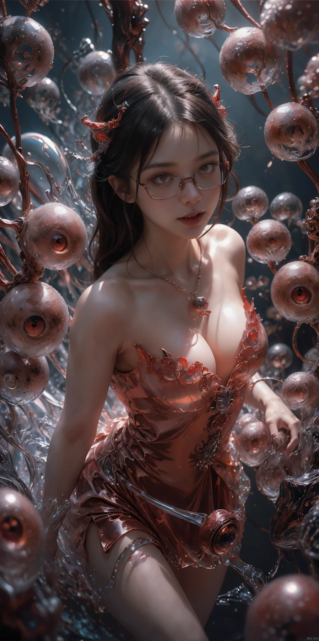 (The best illustrations)、realisitic、ultra-detailliert、The best lighting、Best Shadows、alluring succubus, ethereal beauty, perched on a cloud, (fantasy illustration:1.3), enchanting gaze, captivating pose, delicate wings, otherworldly charm, mystical sky, (Luis Royo:1.2), (Yoshitaka Amano:1.1), Dungeon and Dragon、caves、Dungeon、 A Necromancer、natta、Dark style、Succubus、Devil's Daughter、Bat Wings,(((Demon Hornlack-rimmed round glasses))))、(red eyes glowing:1.6)、beautiful countenance、Tindall Effect、(High Detail Skins:1.2) absurderes、Ponytail distortion、jewely、Beautiful expression、Toned waist、Wide buttocks、Tindall Effectmasuter piece、top-quality、Highest Standards、Top image quality、masutepiece、intricate detailes、High resolution、Depth Field、natural soft light、profetional lighting、Great smile、(High Detail Skin: 1.2)、photorealistic anime girl render、Strong highlights of the eyes、Perfect Anatomy、crotch open、Shy、Spreading your legs、Panties are visible、Skirt flipping、Body shiny with oilerectile nipple))、8K resolution、intricate clothing、Intricate details