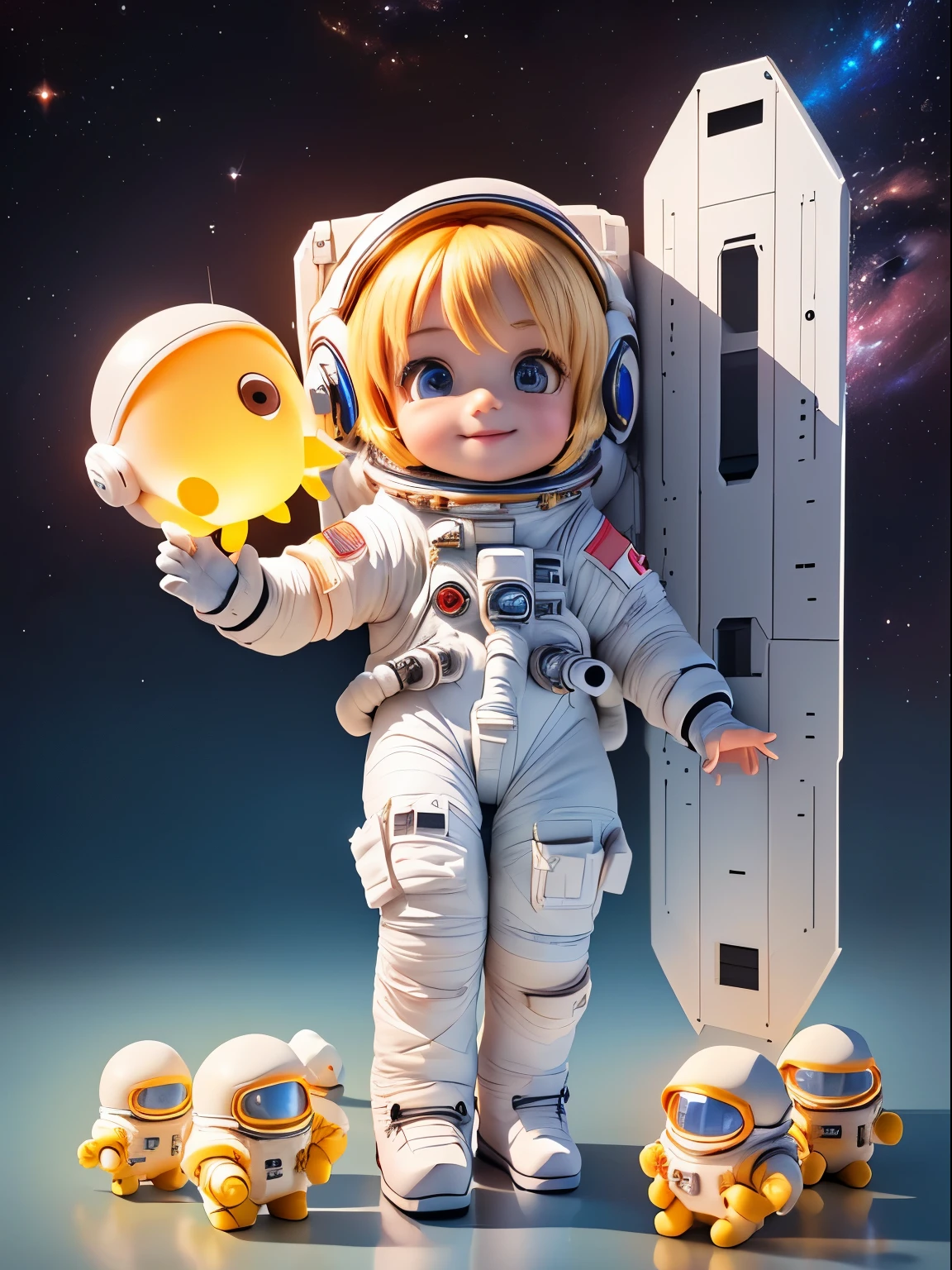 Super cute girl full body 3D picture, 1pc, good looking eyes, big eyes, cute, happy, c4d, pop matt blind box, white long hair, glowing bubbles, toys, solid color background, chibi, fluorescent translucency, luminous body, kawaii, doll, (((astronaut, spacesuit))), reference table, pop mart blind box, Pixar, complex details, 3d rendering, blender, OC renderer, fol body reference sheet, Dribble, High Details, 8K, Studio Lighting, , , , Chibi, SD characters: 1.1, Magic Space Warehouse background