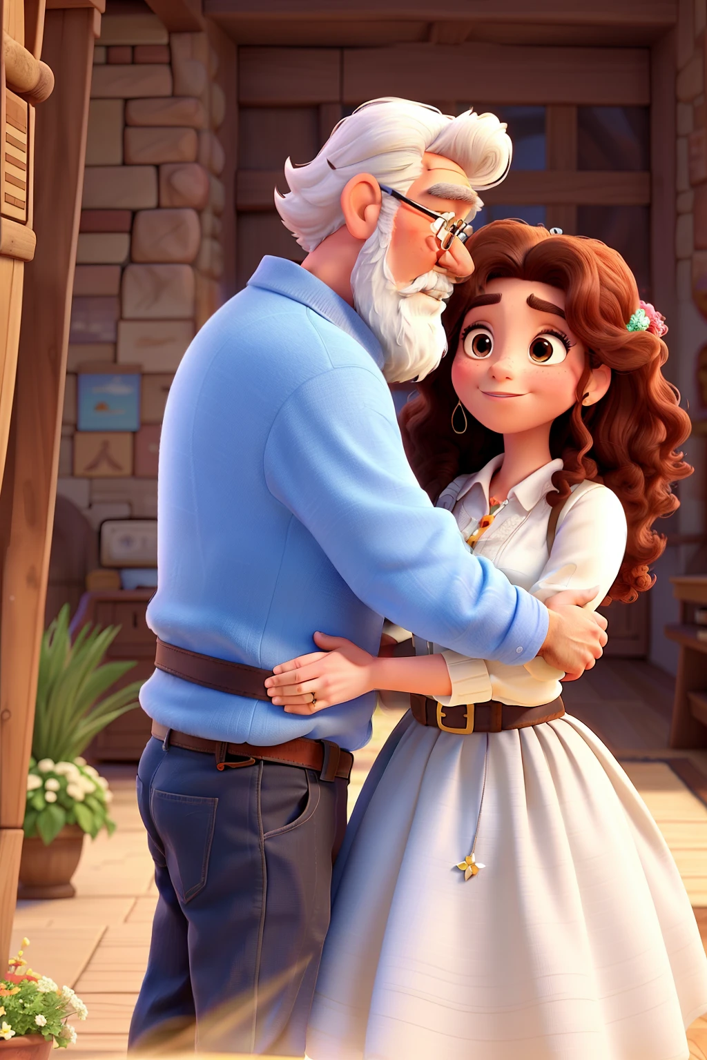 (Disney Pixar style) In an heartwarming scene, a tall, slender 40-year-old man with a neat beard embraces his companion, a 22-year-old white woman with a vibrant, radiant Red Power afro. Their embracing bodies convey a deep connection and love between them. The woman's afro, a symbol of her pride and empowerment, stands out against the man's calm demeanor, creating a visually striking and enchanting couple.
--s2
(Disney Pixar style) A masterpiece image unfolds as an elderly man with a long, thick white beard and wild, wavy brown
