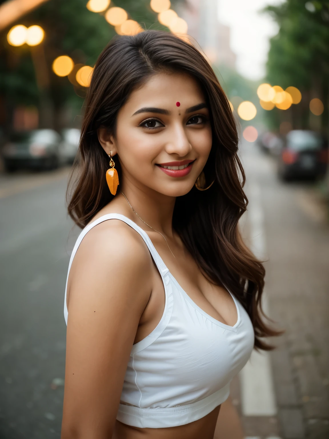 A half body photo of a attractive Indian woman 20 y.o., cleavage, flashing, (:1.1),
Tshirt, Maven, Tall, Athletic, Triangular Face, Fair Skin, long brown Hair, hazel Eyes, [[Curved Nose]], Thick Lips, Round Chin, Instagram model, cheerful smile, medium sized breasts, Dangle earrings, coral stain lipstick,
Masterpiece, hi res, 8k, award winning, RAW photo, high quality, 35mm photograph, film grain, bokeh, professional, 4k, highly detailed, 