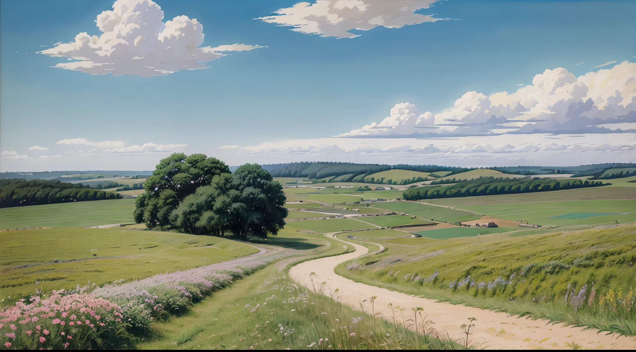 Realistic, real, beautiful and stunning landscape oil painting Studio Ghibli Hayao Miyazaki Petals Grassland Blue Sky Grassland Country Road,building,