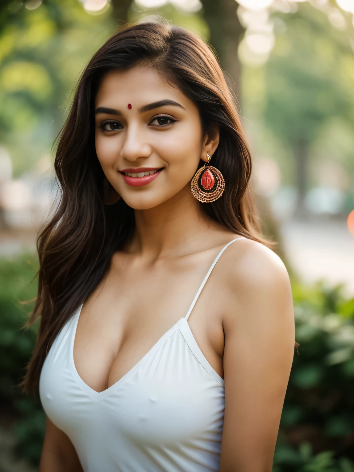 A half body photo of a attractive Indian woman 20 y.o., cleavage, flashing, (:1.1),
Tshirt, Maven, Tall, Athletic, Triangular Face, Fair Skin, long brown Hair, hazel Eyes, [[Curved Nose]], Thick Lips, Round Chin, Instagram model, cheerful smile, medium sized breasts, Dangle earrings, coral stain lipstick,
Masterpiece, hi res, 8k, award winning, RAW photo, high quality, 35mm photograph, film grain, bokeh, professional, 4k, highly detailed, 