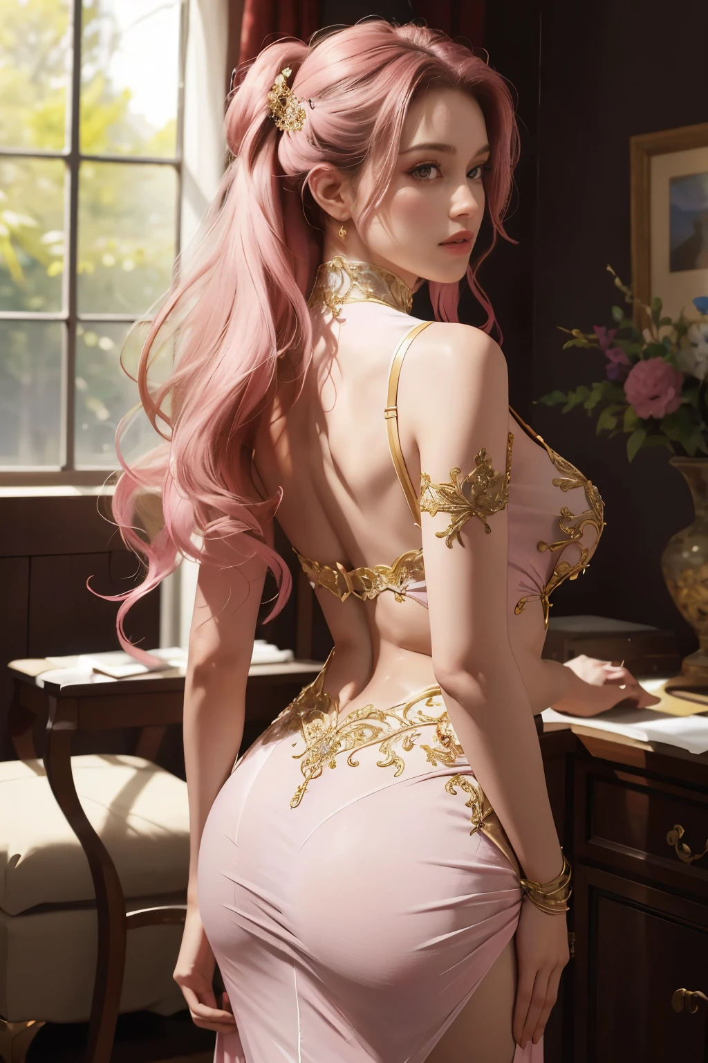 (masterpiece:1.2, highest quality), realistic, (real picture, intricate details, Depth of the bounds written,pink high neck dress), parted lips, very detailed, perfect face, perfect body, large model,indoor background,transparent nipples,
mature woman, expensive, long legs, Separate top and bottom costumes,embellished costume,
natural bokeh background,Costume with large open chest,Clothes that expose the belly button,revealing costumes,The lower body is only underwear,Only the upper body is dressed,random hairstyles,back view,woman sticking out her butt