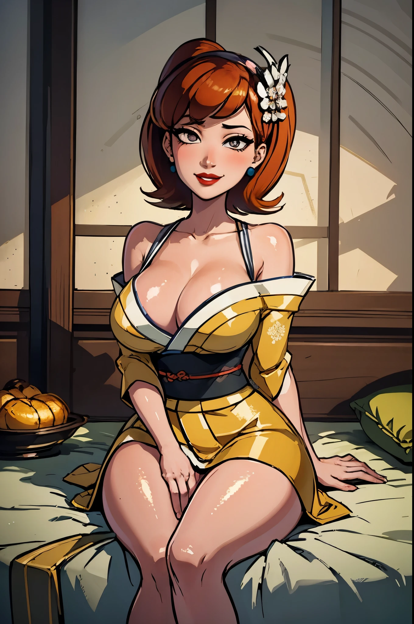 (masterpiece, best quality:1.2), linda_flynn-fletcher, 1girl, jewelry, earrings, solo, lipstick, hairband, makeup, breasts, large breasts, orange hair, short hair, crossed legs,smile, in kimono sitting on a bed, japanese goddess, in kimono, sakimichan hdri, in a kimono, japanese, ayami, organic seductive geisha, traditional japanese, harumi, beast, rin, glamorous and sexy geisha, shikamimi, red kimono