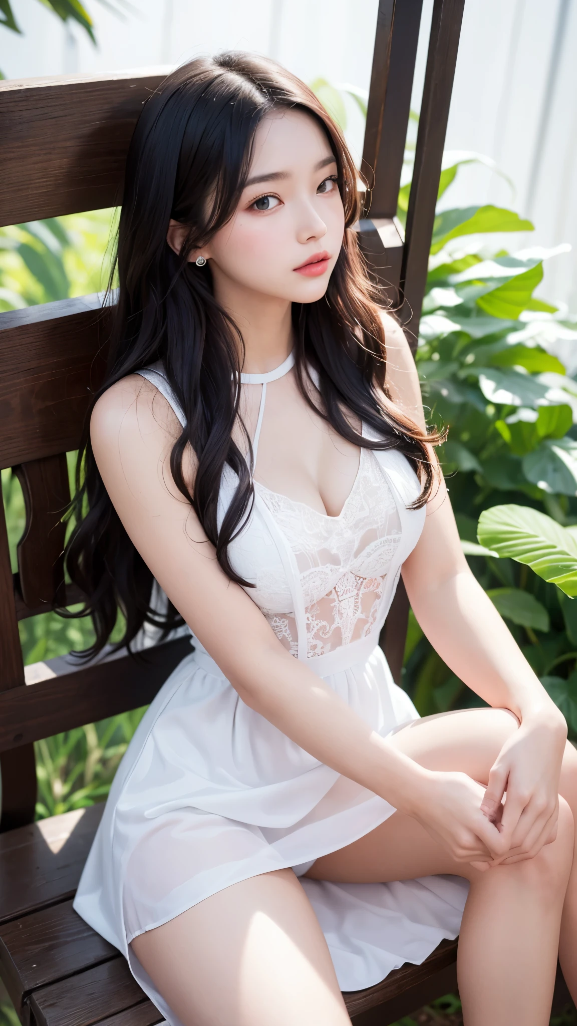 girl,dress,Exposes a lot of skin,fair skin,accessories,seduce,fair skin,lips,colorful,Clothes hollowed out,sit,thigh,Lift your legs,reveal white,Dye wavy hair