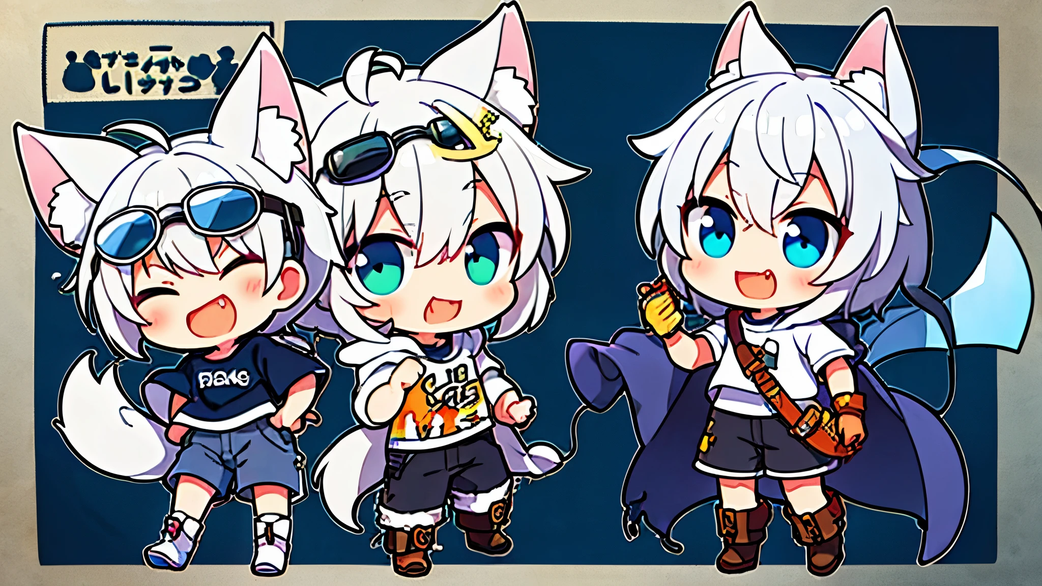(), Hooded T-shirt, shorts, Martin boots, Correct number of feet, Remove the animal, silver hair, ahoge, goggles on head, wolf ears, fang, smug, anime, from side, projected inset, omake, Wide-Angle, letterboxed, high quality, 8k, anatomically correct, UHD, high details,(single role)