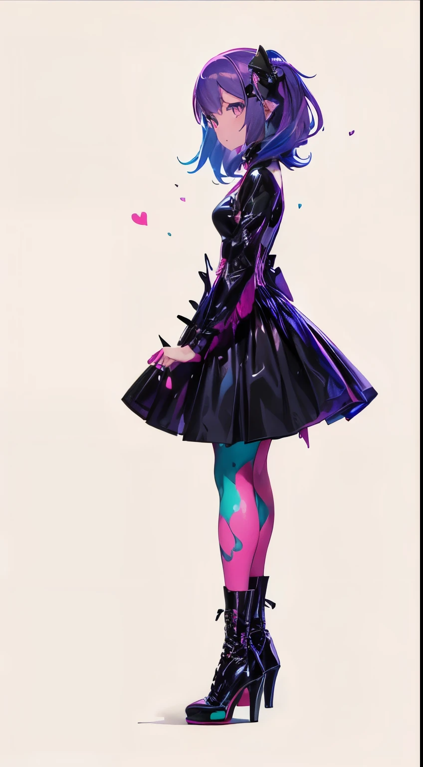 Sideways woman, woman's hair fluorescent pink, anime style, melted black costume, fluorescent stockings, toxic apples, splashes of fluorescent venom, black high heels,