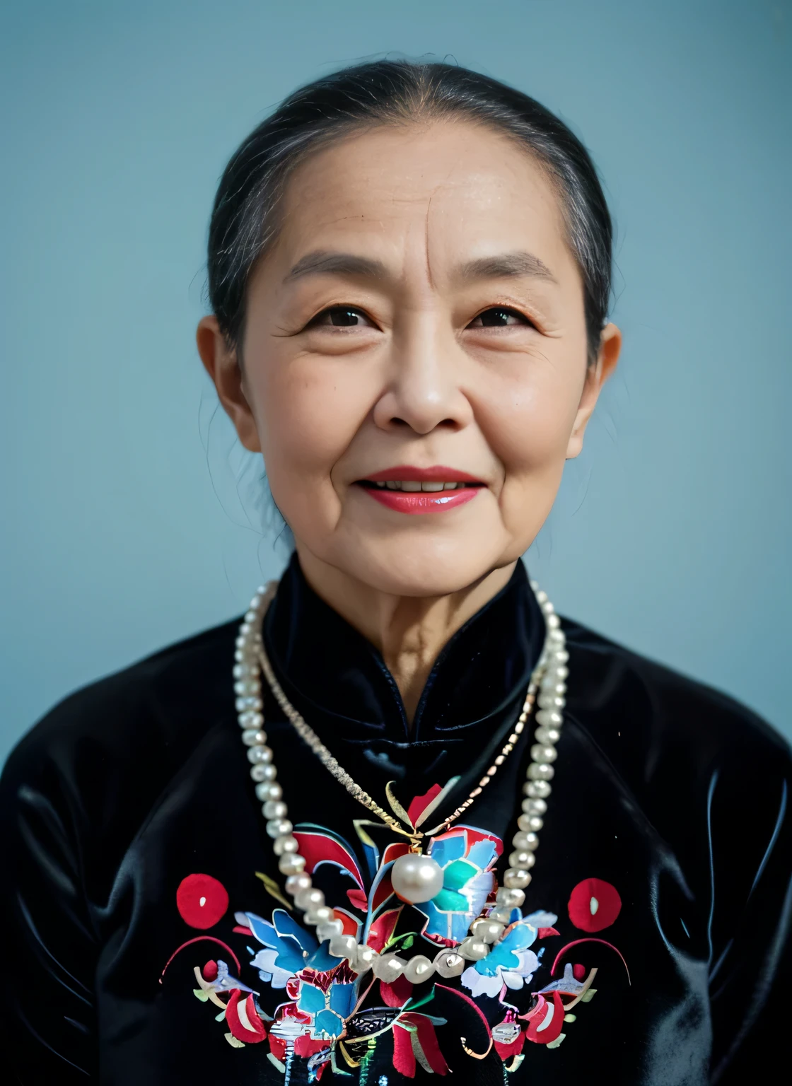 Highly realistic photo, ((masterpiece), (best quality), (raw photo), (photorealistic:1.4), Portrait of Vietnamese old woman, (85 years old),((smile with open mouth)), ((black hair)), (wearing a dark velvet ao dai), pearl necklaces ,((light blue background)) , photo taken by Sony A7IV