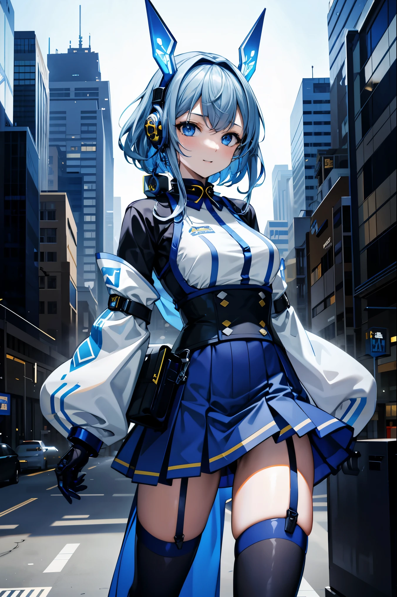  (cityscape:1.2), NSFW, (Face of love, I&#39;m so happy:1.5), (mecha musume, cyborg girl), teen, stylish angle, stylish pose, (headphone, mechanical fuselage, mechanical clothing), looking at the viewer, bangs cut off, blue mini skirt, plastic corset, Beautiful light effect, glowing skin, (Furisode, removable long sleeves, very wide sleeve:1.2), (caution decal, corporate logotype:1.5), (small open mouth:0.8), 
