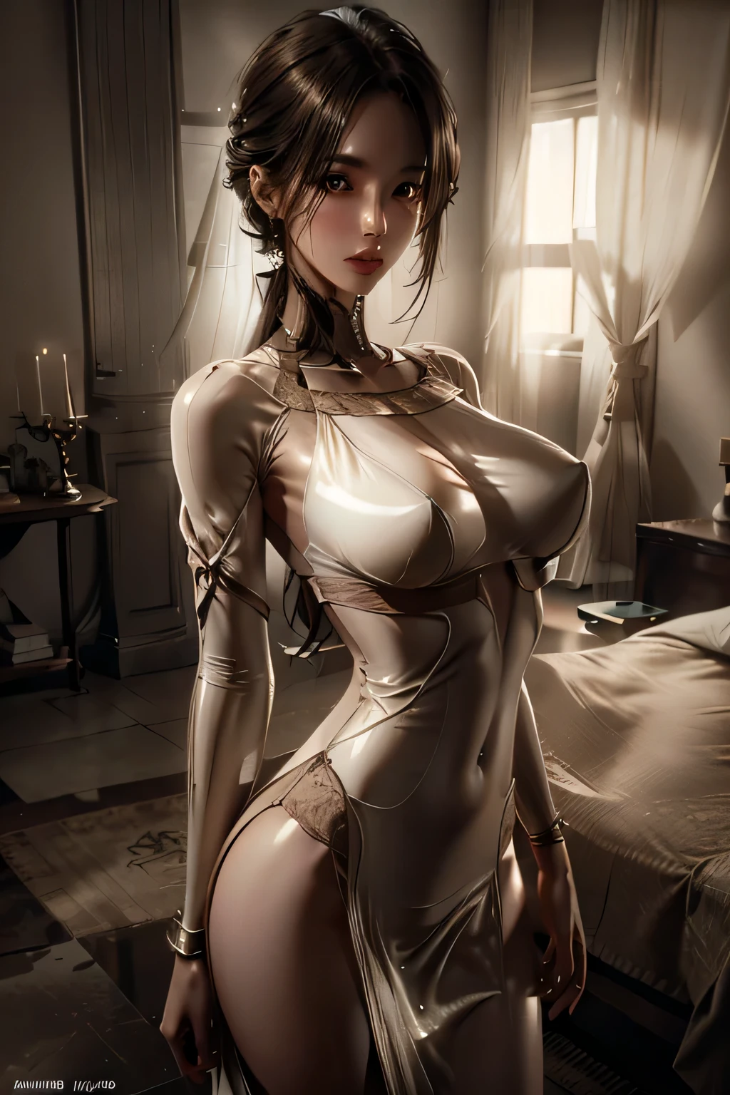 ８ｋ、High resolution、maid clothes fashion、beautiful girl、slender body、young、white skin,、narrow eyes,high nose,lighting that illuminates the face、clear image、intellectual beauty、skinny、no makeup、anxious look、lighting that illuminates the face,shining hair、single eyelid