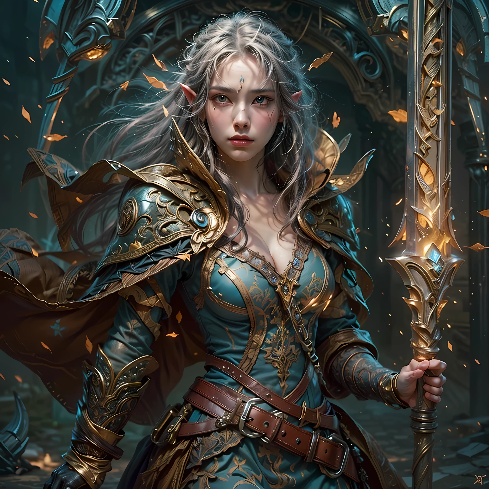 a picture of a female elf (intense details, Masterpiece, best quality: 1.5) fantasy swashbuckler, fantasy fencer, armed with a slim sword, shinning sword, metallic shine, colorful clothes, dynamic clothing, an ultra wide shot, full body (intense details, Masterpiece, best quality: 1.5)epic beautiful female elf (intense details, Masterpiece, best quality: 1.5), rich hair, braided hair, small pointed ears, GlowingRunes_pink [colorful magical sigils in the air],[ colorful arcane markings floating] (intricate details, Masterpiece, best quality: 1.6), holding a [sword] (intricate details, Masterpiece, best quality: 1.6) holding a [sword glowing in red light]fantasy urban street (intense details, Masterpiece, best quality: 1.5),  purple cloak, long cloak (intense details, Masterpiece, best quality: 1.5), sense of daring, sense of adventure,  high details, best quality, 8k, [ultra detailed], masterpiece, best quality, (extremely detailed), dynamic angle, ultra wide shot, photorealistic, RAW, fantasy art, dnd art,fantasy art, realistic art,