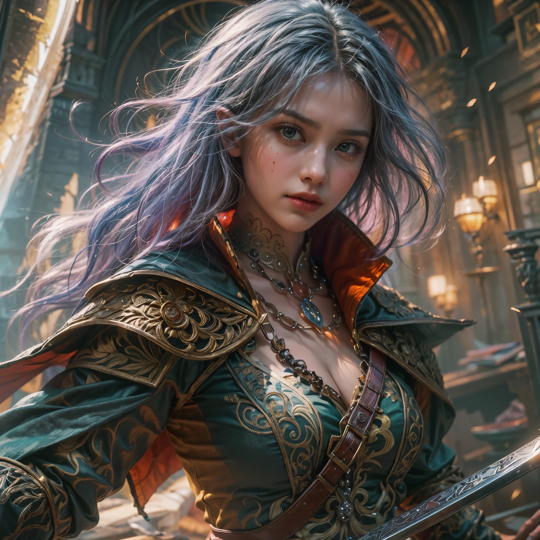 a picture of a female elf (intense details, Masterpiece, best quality: 1.5) fantasy swashbuckler, fantasy fencer, armed with a slim sword, shinning sword, metallic shine, colorful clothes, dynamic clothing, an ultra wide shot, full body (intense details, Masterpiece, best quality: 1.5)epic beautiful female elf (intense details, Masterpiece, best quality: 1.5), rich hair, braided hair, small pointed ears, GlowingRunes_pink [colorful magical sigils in the air],[ colorful arcane markings floating] (intricate details, Masterpiece, best quality: 1.6), holding a [sword] (intricate details, Masterpiece, best quality: 1.6) holding a [sword glowing in red light]fantasy urban street (intense details, Masterpiece, best quality: 1.5),  purple cloak, long cloak (intense details, Masterpiece, best quality: 1.5), sense of daring, sense of adventure,  high details, best quality, 8k, [ultra detailed], masterpiece, best quality, (extremely detailed), dynamic angle, ultra wide shot, photorealistic, RAW, fantasy art, dnd art,fantasy art, realistic art,