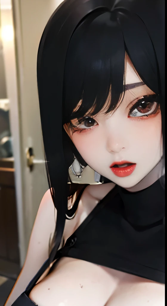 secretary、huge tit、BLACK color shortcut 、makeup、((sexy secretary)),((sweat,steam))、In front of the door、Bedroom entrance、Tongue licking、Detailed people、A detailed face、A detailed eye、Detailed background、bright red gloss slip、sexy lips、