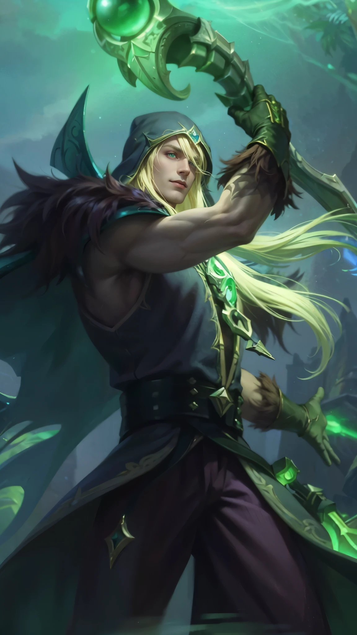 Best quality, masterpiece, detailed skin texture, detailed clothes texture, detailed face, super detail, 8k, intricate detail, 1 boy, The color doesn't change, Muscle guy, 1 guy, smile, green eyes, league of legends character, karthus from league of legends, extremely detailed artgerm, league of legends character art, splash art, male blonde elf ranger, arthas menethil, artgerm detailed, arthas, league of legends champion, style of kieran yanner.