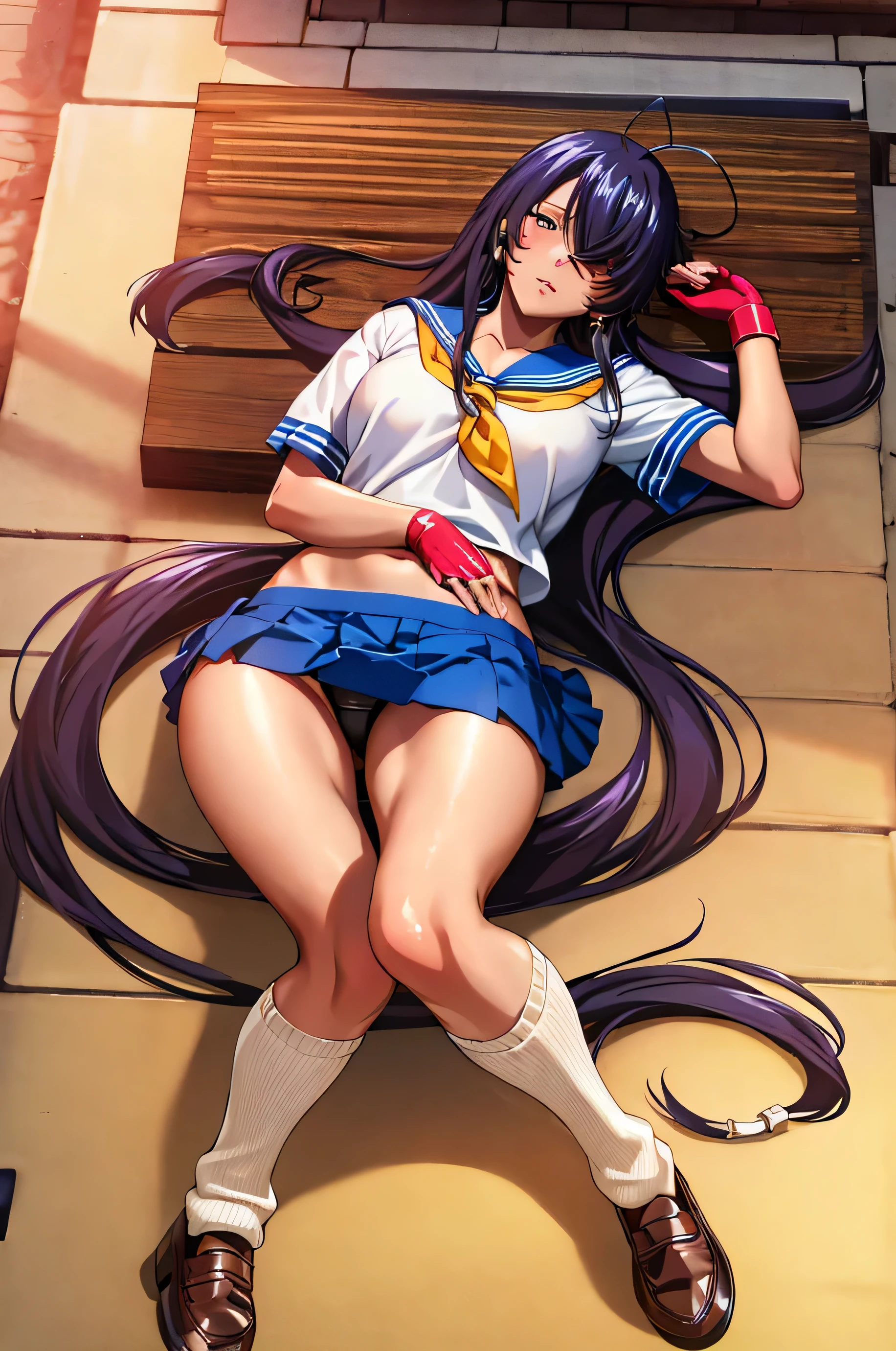 an unparalleled masterpiece, 8k, (high quality:1.2) perfect artwork, outdoors, 1 girl, Kanu Uncho, fingerless gloves, serafuku, abdomen, loose socks, pleated skirt, yellow neckerchief, earrings, loafers, long hair tied low, hair above one eye, clean, beautiful face, pure face, white skin, shiny hair, (inner hair coloring:1.103), (hair details:1.08), (long eyelashes:1.1), Braid, (Beautifully detailed eyes and face), (very detailed:1.05), (lying on one'Came back,open your legs in an M shape:1.5),I can see the cleavage,(show off panties, of lace, detailed and accurate), full body photo, full body shot, stunning lighting effects,