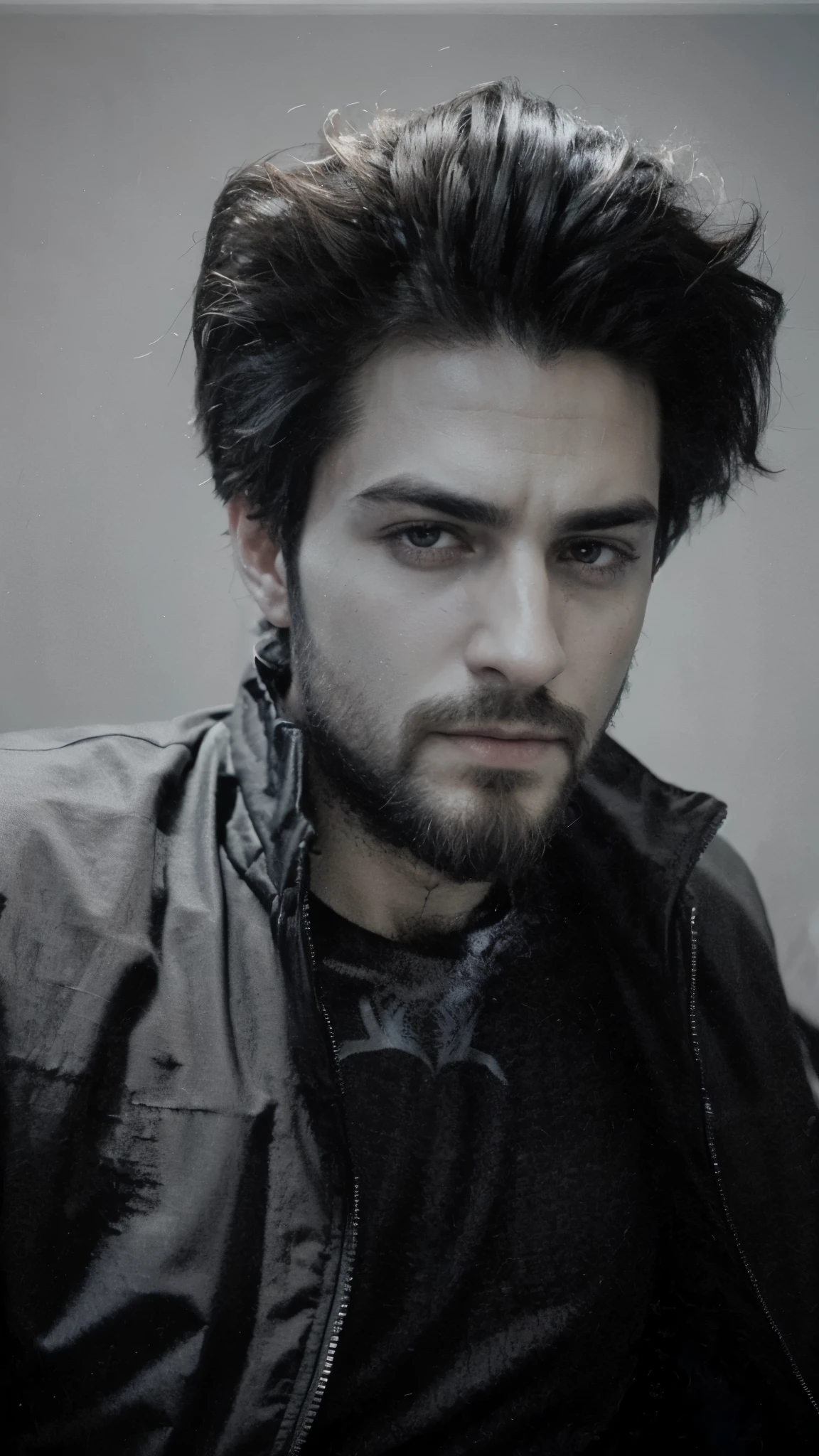 Change my black colour t shirt to spiderman suit. Change background. Cyberpunk handsome boy with perfect beard. realistic face. 8k resolution , ultra realistic