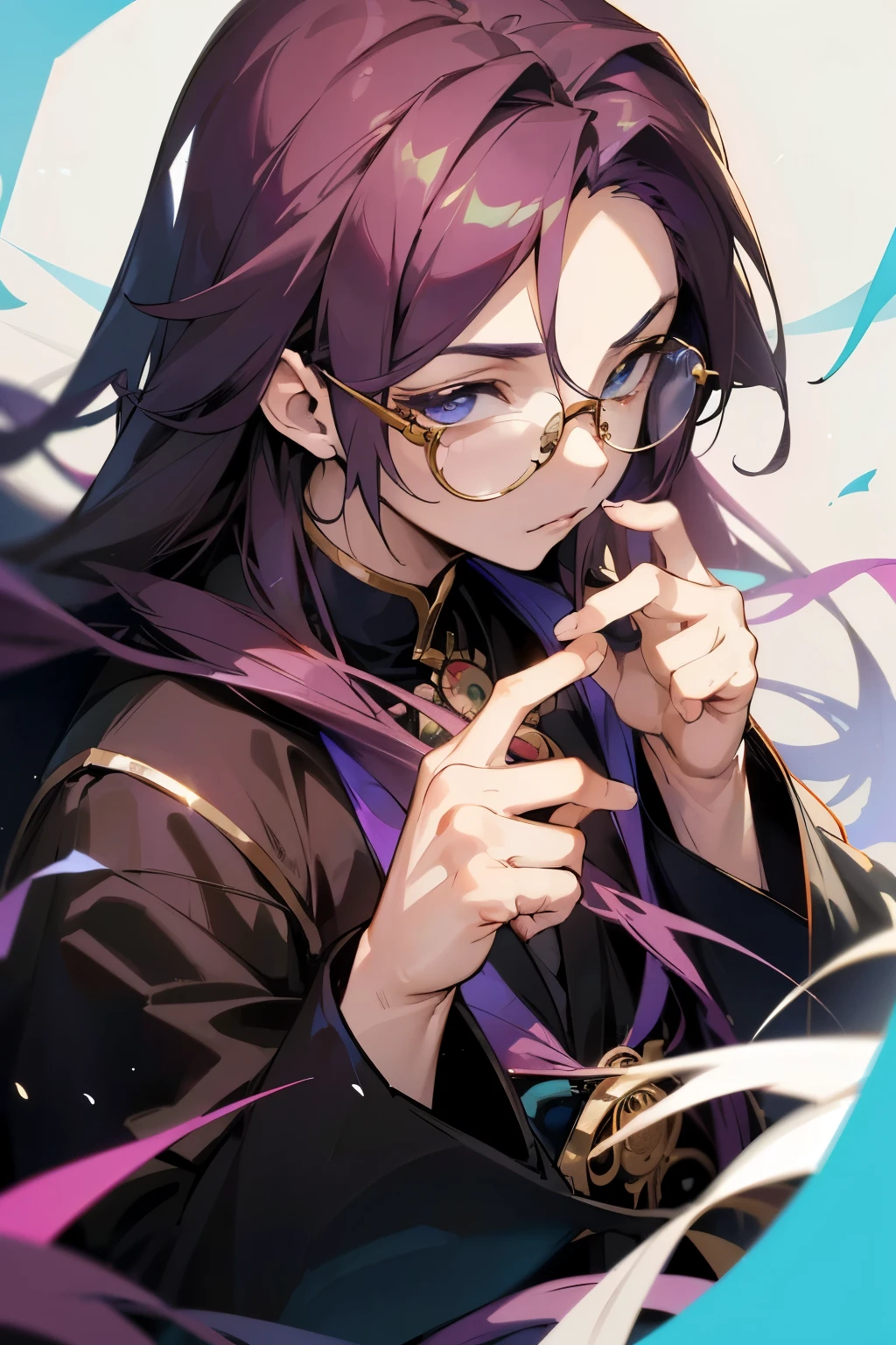 (best quality,4k,8k,highres,masterpiece:1.2),ultra-detailed,(realistic,photorealistic,photo-realistic:1.37),fortune teller,anime male,holding tarot cards,long hair,glasses,feminine face,vibrant colors,dramatic lighting,occult symbols,ornate decorations,mysterious atmosphere,bokeh