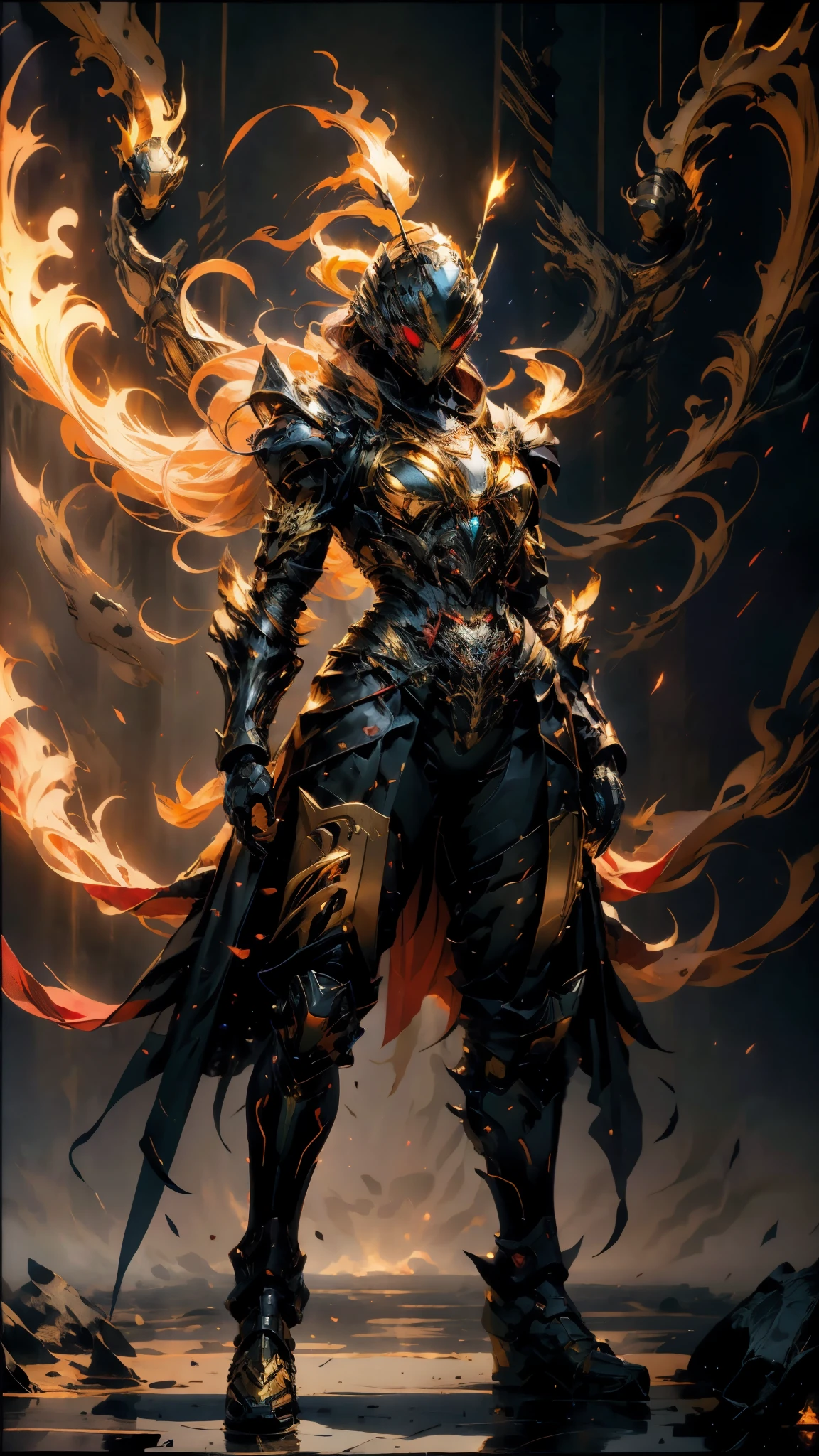 A woman adorned in fantasy-style full-body armor, a crown-concept fully enclosed helmet that unveils only her eyes, a composite layered chest plate, fully encompassing shoulder and hand guards, a lightweight waist armor, form-fitting shin guards, the overall design is heavy-duty yet flexible, ((the armor gleams with a golden glow, complemented by red and blue accents)), exhibiting a noble aura, she floats above a fantasy-surreal high-tech city, this character embodies a finely crafted fantasy-surreal style armored hero in anime style, exquisite and mature manga art style, (mixture of Queen bee and Spider concept Armor, plasma, blood), ((Element, energy, elegant, goddess, femminine:1.5)), metallic, high definition, best quality, highres, ultra-detailed, ultra-fine painting, extremely delicate, professional, anatomically correct, symmetrical face, extremely detailed eyes and face, high quality eyes, creativity, RAW photo, UHD, 32k, Natural light, cinematic lighting, masterpiece-anatomy-perfect, masterpiece:1.5