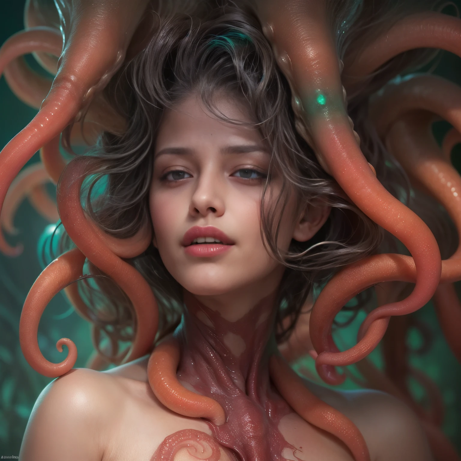 (1 beautiful and obscene female alien:1.4), (There is a female genital-like organ in the middle of her forehead:1.95), She has medusa-like hair, (there are lots of translucent white tentacles from her head like her hair:1.5), (vulgarity1.7), (she is looking down at viewers with glowing orange eyes with no pupils:1.6), (She has crystal clear skin:1.4),(She has the most beautiful face in the history of the universe:1.2), (She has multiple bioluminescent organs on the side of her tentacles:1.4), (Her body is covered with an iridescent exoskeleton:1.4), (She is showing her arm pits:1.6), an evil gaze that seduces, (looking down at viewers:1.4),(Vampire-like long canine teeth can be glimpsed through the gap between the cute lips:1.4) (bio luminescent:1.4), (Smile wickedly:1.3), (sexypose:1.4), alien, No humans, cells are fused, extraterrestrial, cell, bio image, ultra high resolution, (photos realistic:1.7), (Numerous award-winning masterpieces, with incredible detail, textures and maximum detail), Dramatic Lighting, cinematic quality, (exquisite details:1.2), High freshness, drawing faithfully, (Thick eyebrows:1.2), Beautiful eyes with fine symmetry,(Highly detailed face and eyes:1.2),(Super detailed skin quality feeling:1.4), perfect anatomy, (Beautiful toned body:1.5), (Moist skin:1.2), not wearing makeup, (dark circles:1.1), long canines, cinematic drawing of characters, cinematic quality, (exquisite details:1.2), high resolution, High freshness, drawing faithfully, official art, Unity 8K Wall paper, ultra detailed artistic photography, midnight aura, unreal engine 5, Ultra Sharp Focus, art by MUCHA, art by Amano Yoshitaka, ArtGerm, ultra realistic realism, dream-like, Creation of fantasy, dream Snail, (biopunk nautilus:1.3),Thrilling color schemes, seductively smiling, Amazing mutation, well-proportioned body, goddess of the deep sea, fractal, Geometric pattern, impossible figures, subtle emerald green accents, (expression of ecstasy:1.5)