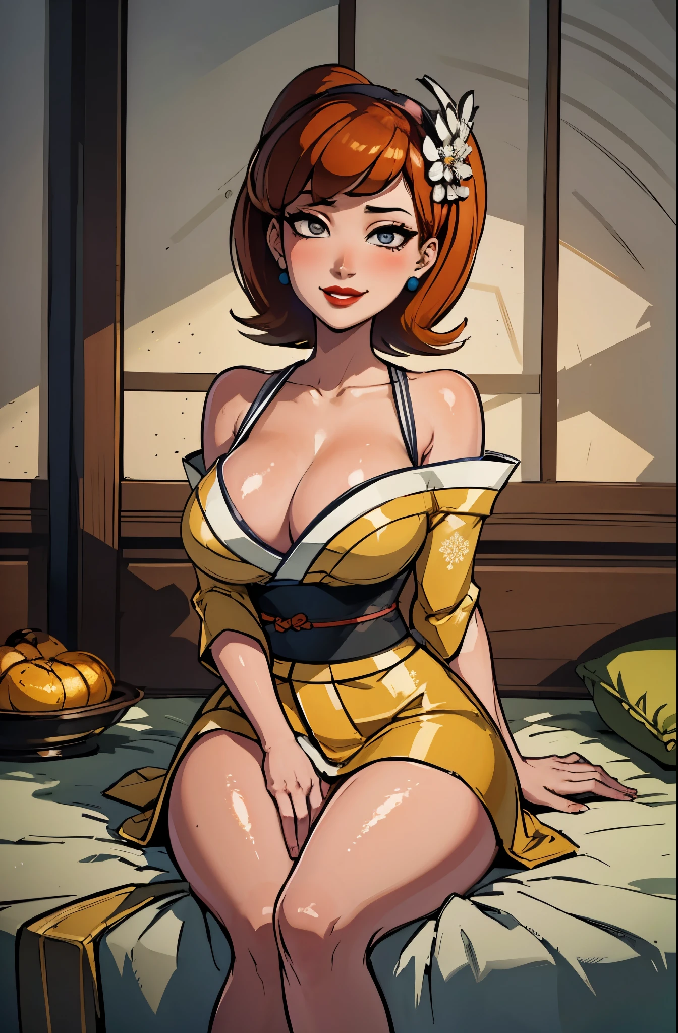 (masterpiece, best quality:1.2), linda_flynn-fletcher, 1girl, jewelry, earrings, solo, lipstick, hairband, makeup, breasts, large breasts, orange hair, short hair, crossed legs,smile, in kimono sitting on a bed, japanese goddess, in kimono, sakimichan hdri, in a kimono, japanese, ayami, organic seductive geisha, traditional japanese, harumi, beast, rin, glamorous and sexy geisha, shikamimi, red kimono