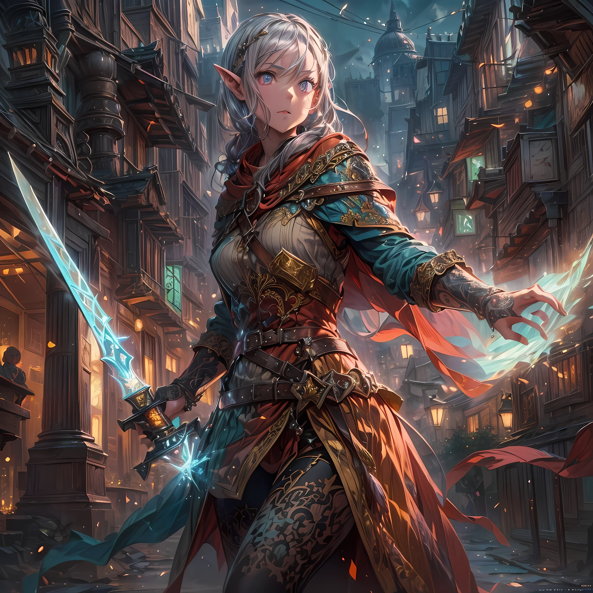 a picture of a female elf (intense details, Masterpiece, best quality: 1.5) fantasy swashbuckler, fantasy fencer, armed with a slim sword, shinning sword, metallic shine, colorful clothes, dynamic clothing, an ultra wide shot, full body (intense details, Masterpiece, best quality: 1.5)epic beautiful female elf (intense details, Masterpiece, best quality: 1.5), rich hair, braided hair, small pointed ears, GlowingRunes_pink [colorful magical sigils in the air],[ colorful arcane markings floating] (intricate details, Masterpiece, best quality: 1.6), holding a [sword] (intricate details, Masterpiece, best quality: 1.6) holding a [sword glowing in red light]fantasy urban street (intense details, Masterpiece, best quality: 1.5),  purple cloak, long cloak (intense details, Masterpiece, best quality: 1.5), sense of daring, sense of adventure,  high details, best quality, 8k, [ultra detailed], masterpiece, best quality, (extremely detailed), dynamic angle, ultra wide shot, photorealistic, RAW, fantasy art, dnd art,fantasy art, realistic art,