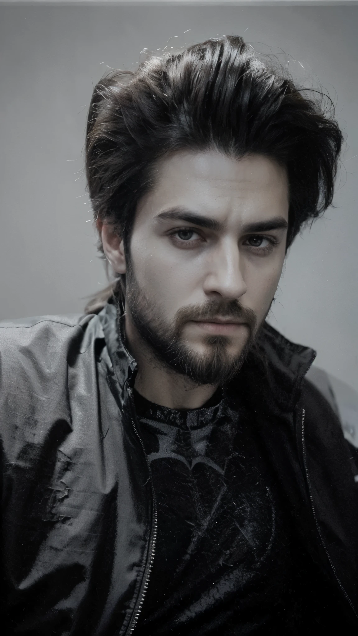 Change my black colour t shirt to spiderman suit. Change background. Cyberpunk handsome boy long hairs with perfect beard. realistic face. 8k resolution , ultra realistic