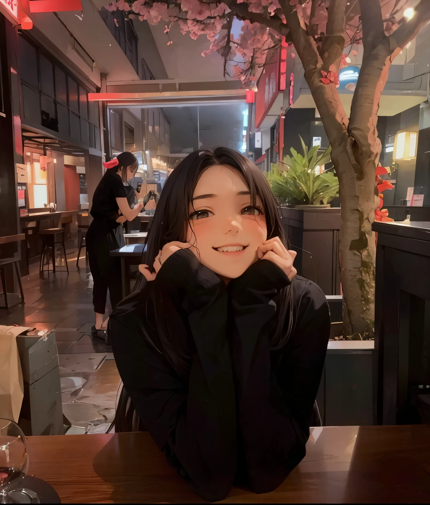 1girl, solo girl, cute beautiful 17 years old girl in the Japanese-themed cafe, wearing a black shirt, holding her hands on her cheeks, smiling.
