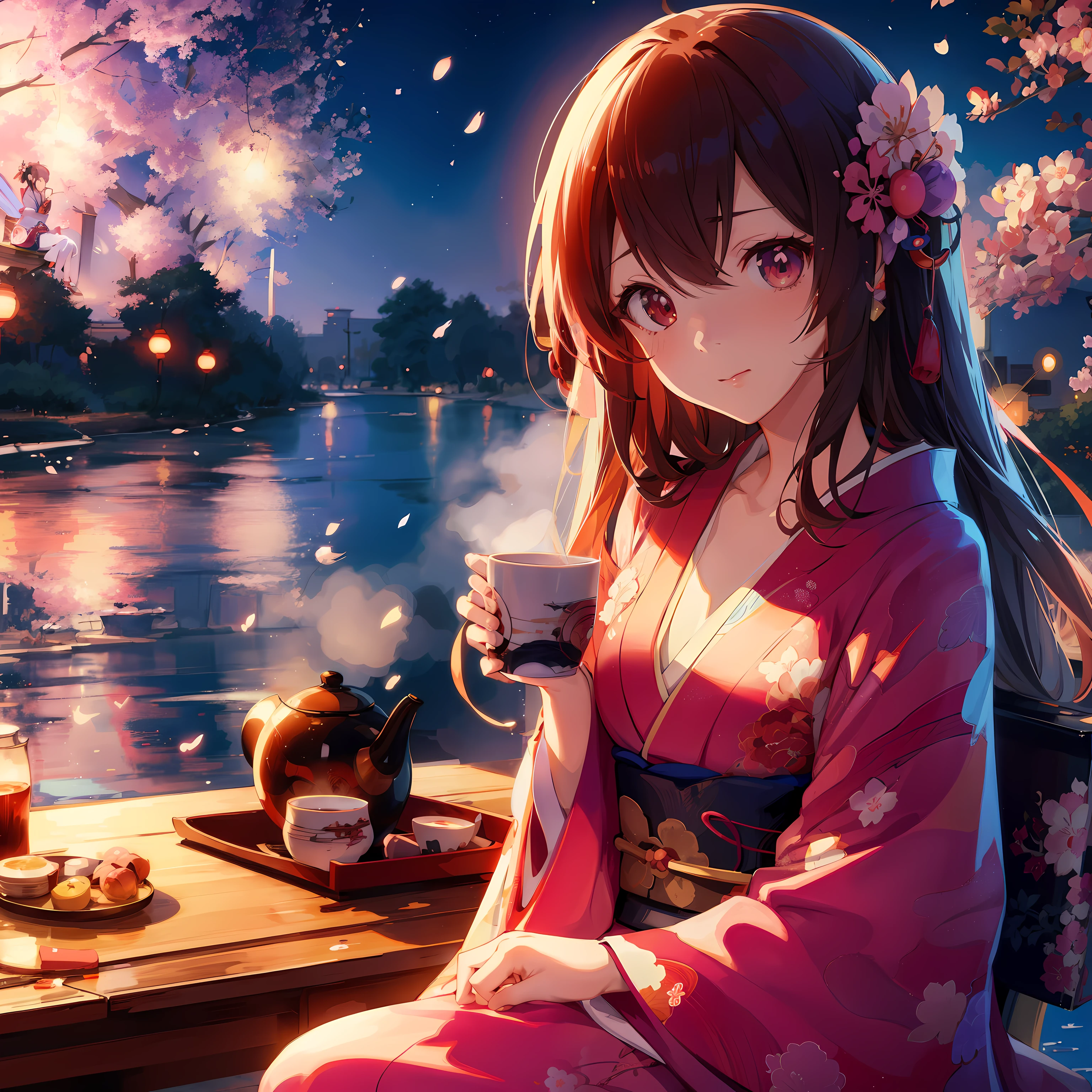 Anime girl in kimono sitting on a bench drinking a cup of tea, anime style 4k, 4k anime wallpaper, Anime Art Wallpaper 4k, Anime Art Wallpaper 4k, anime wallpaper 4k, anime wallpaper 4k, Animation Art Wallpaper 8k, 4k comic wallpaper, anime girl desktop background, night nucleus, beautiful anime girl, HD anime wallpaper