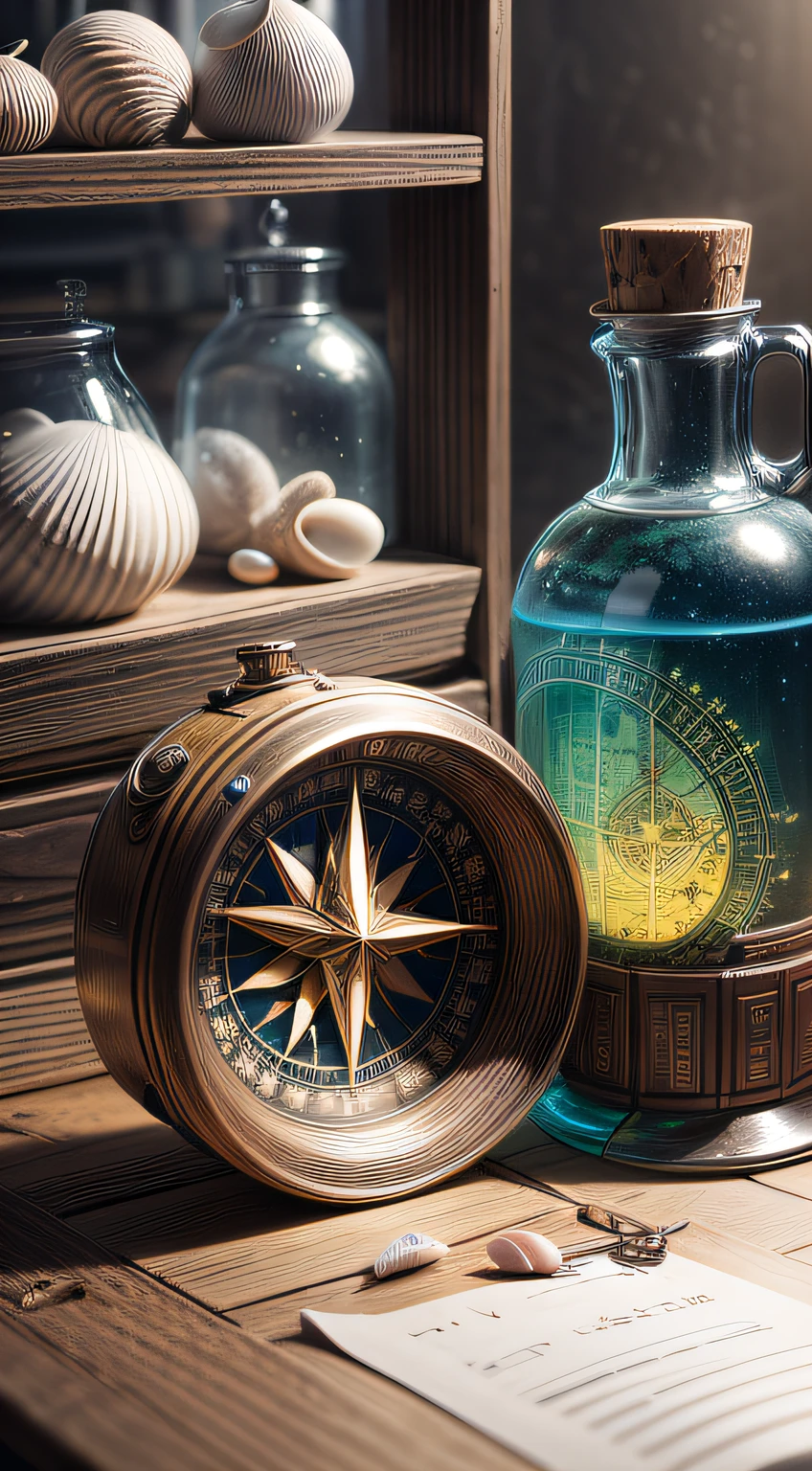 Focus on the two objects, a crystal-clear glass bottle filled with colorful seashells and a well-worn compass, carefully arranged on a wooden shelf. The camera zooms in, showcasing the exquisite details of the seashells, their intricate patterns and delicate colors. The glass bottle captures the light, creating a mesmerizing play of reflections and refractions. The compass bears the marks of countless journeys, with its brass casing showing signs of age and adventure. The camera angle reveals the character from behind, lying on his stomach, lost in his thoughts. The lighting enhances the textures and adds a warm, nostalgic glow to the scene. The image will be created as a highly realistic digital artwork, using advanced rendering techniques to capture the minute details of the objects and their surroundings.