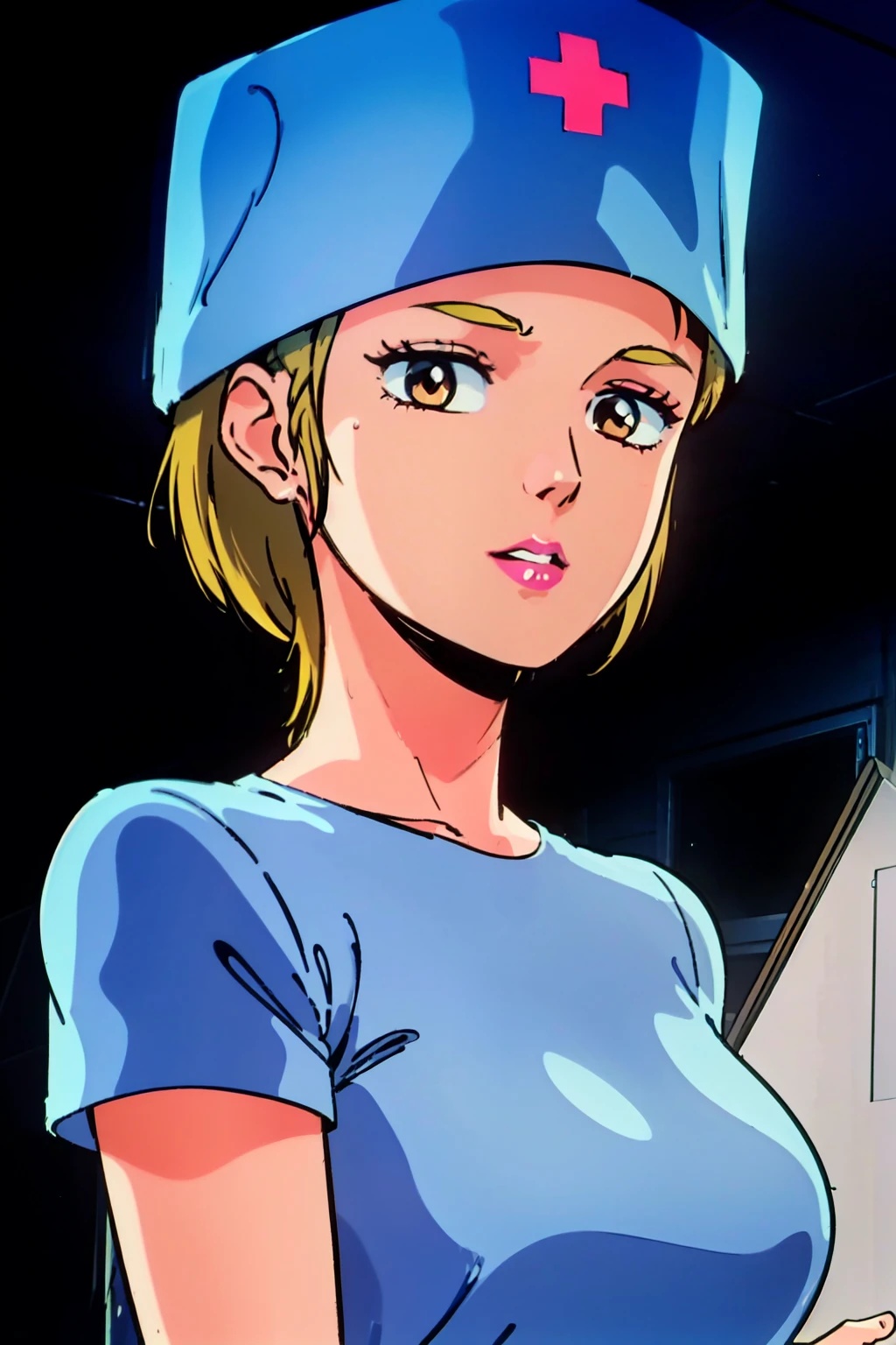 (masterpiece, best quality:1.2, sharpness drawing:1.4), ((Inside the hospital)), 1girl, solo, Mobnurse, light-blue old-style nurse costume, upper body, pokies:1.2, short hair, blond hair, brown eyes, clear drawing、sharp outline、clear image、