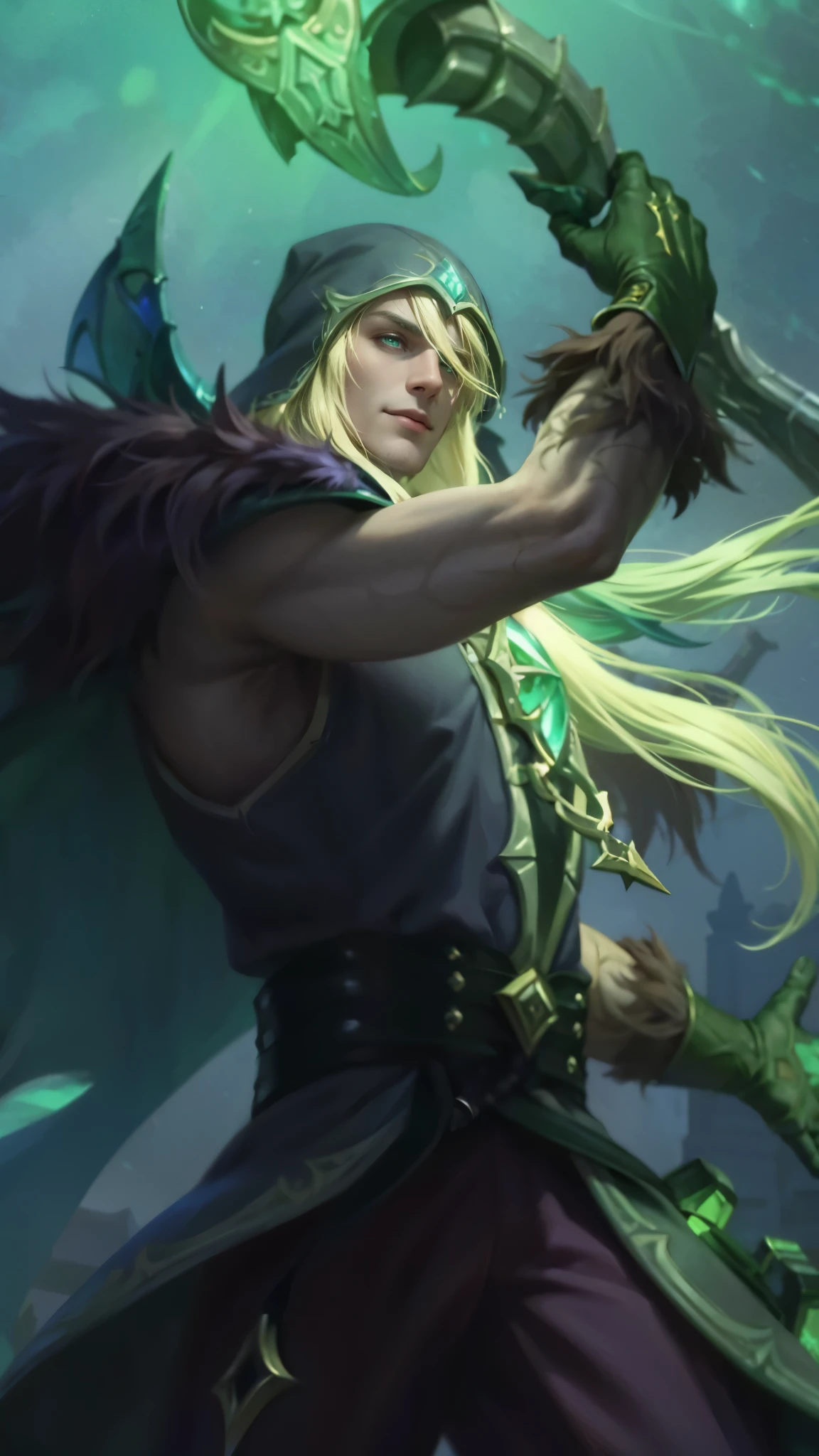 Best quality, masterpiece, detailed skin texture, detailed clothes texture, detailed face, super detail, 8k, intricate detail, 1 boy, The color doesn't change, Muscle guy, 1 guy, smile, green eyes, league of legends character, karthus from league of legends, extremely detailed artgerm, league of legends character art, splash art, male blonde elf ranger, arthas menethil, artgerm detailed, arthas, league of legends champion, style of kieran yanner.